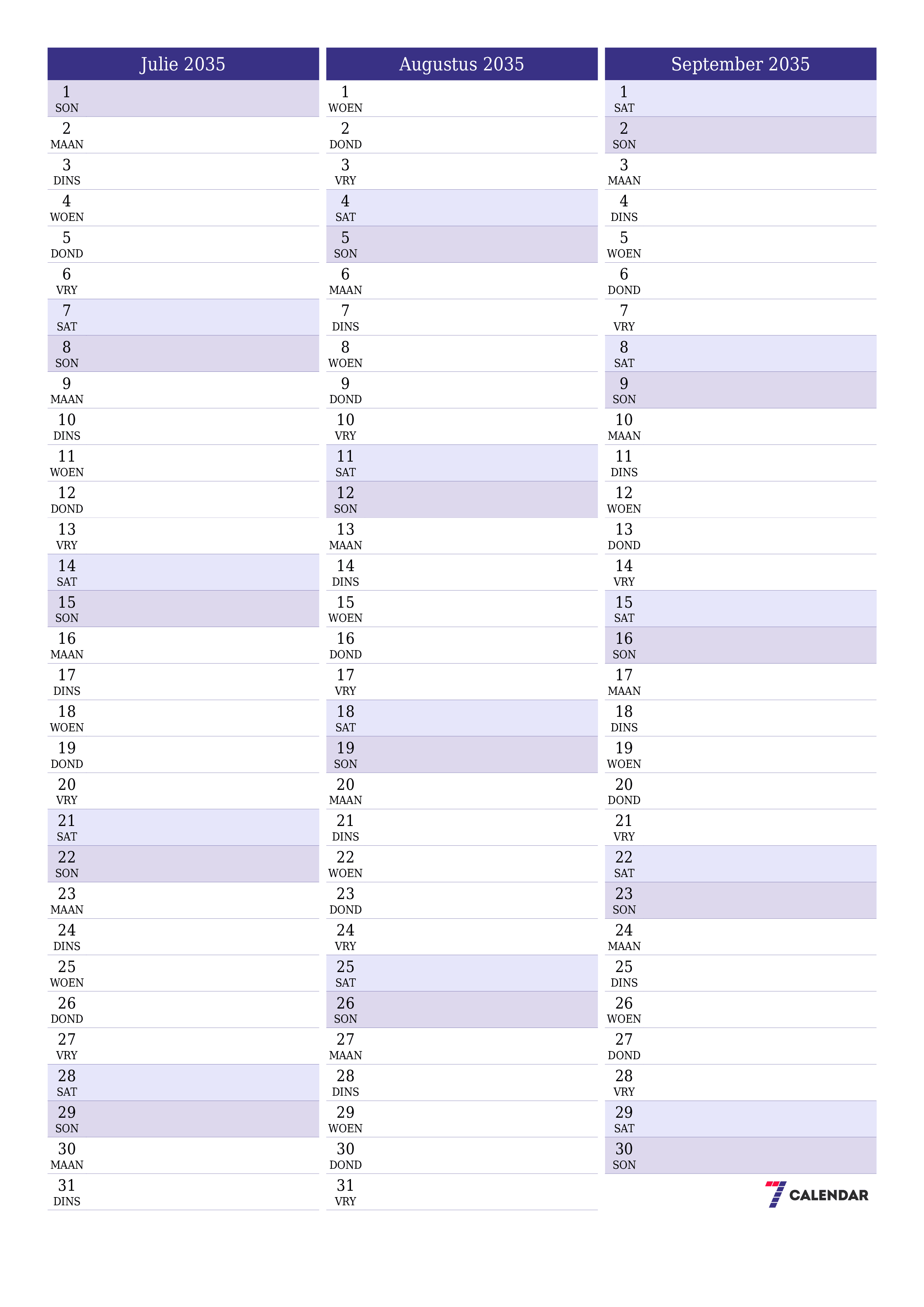drukbare muur template gratis vertikaal Maandeliks beplanner kalender Julie (Jul) 2035