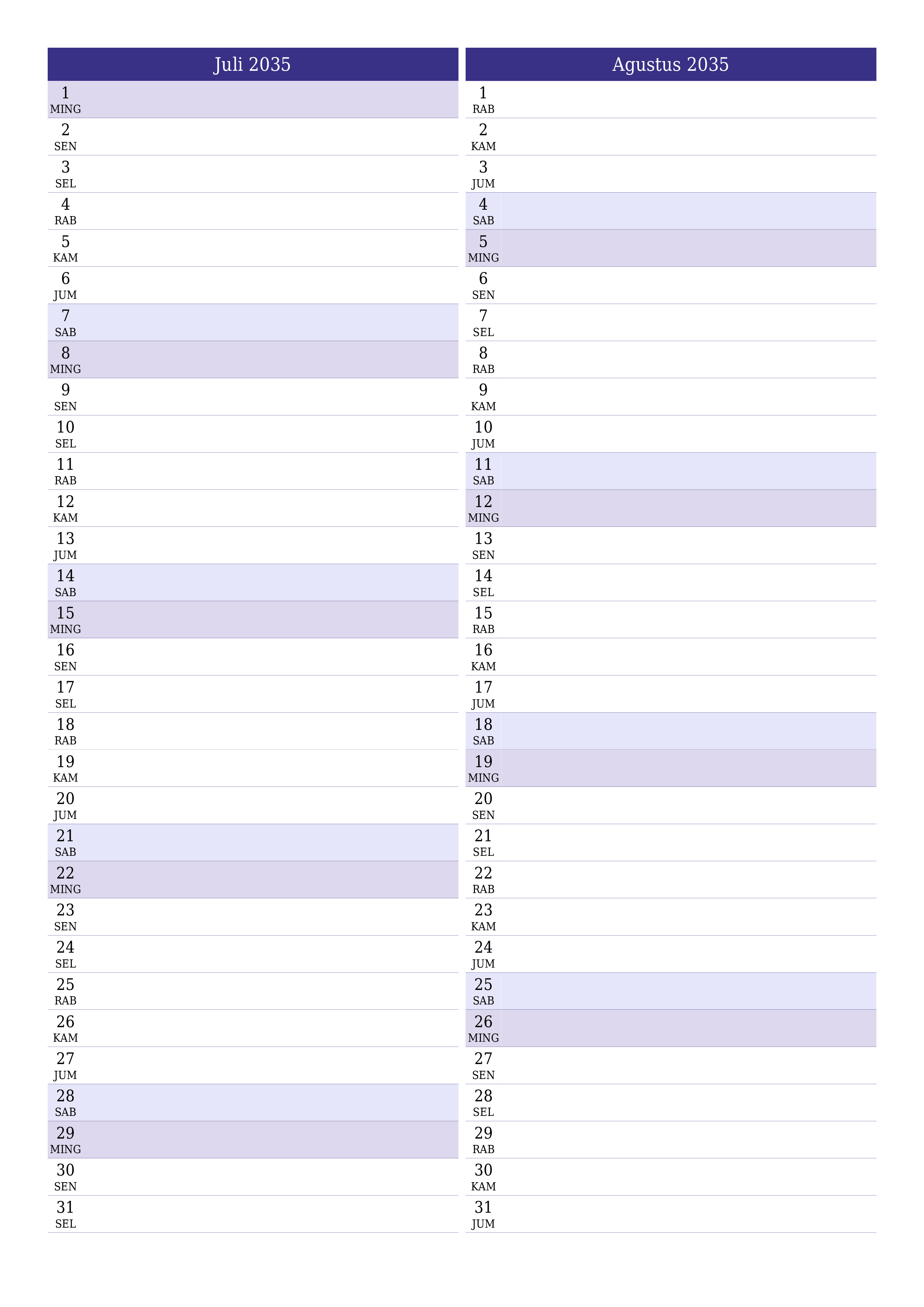 yang dapat dicetak dinding templat gratisvertikal Bulanan perencana kalender Juli (Jul) 2035