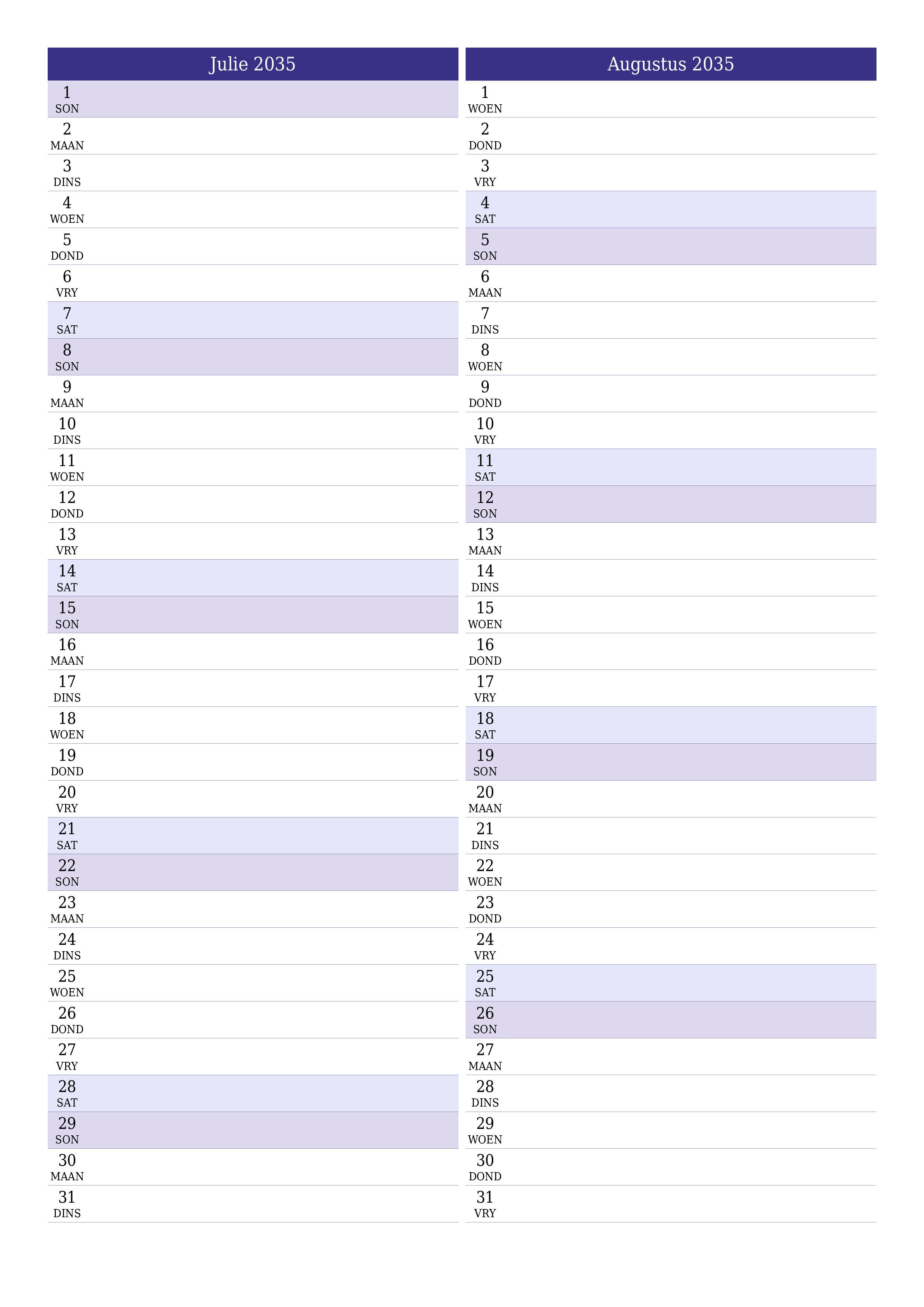 drukbare muur template gratis vertikaal Maandeliks beplanner kalender Julie (Jul) 2035
