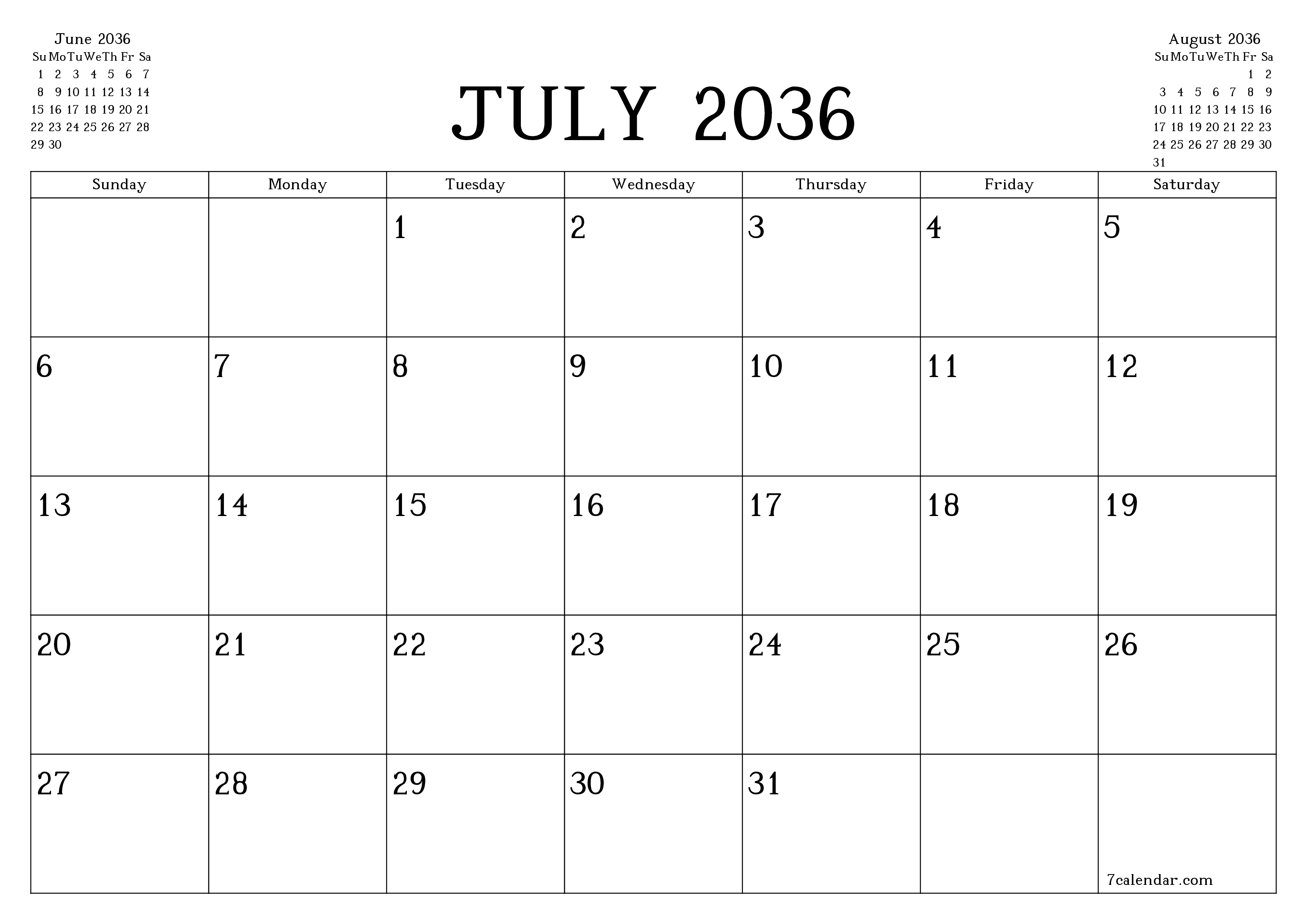 Blank calendar July 2036