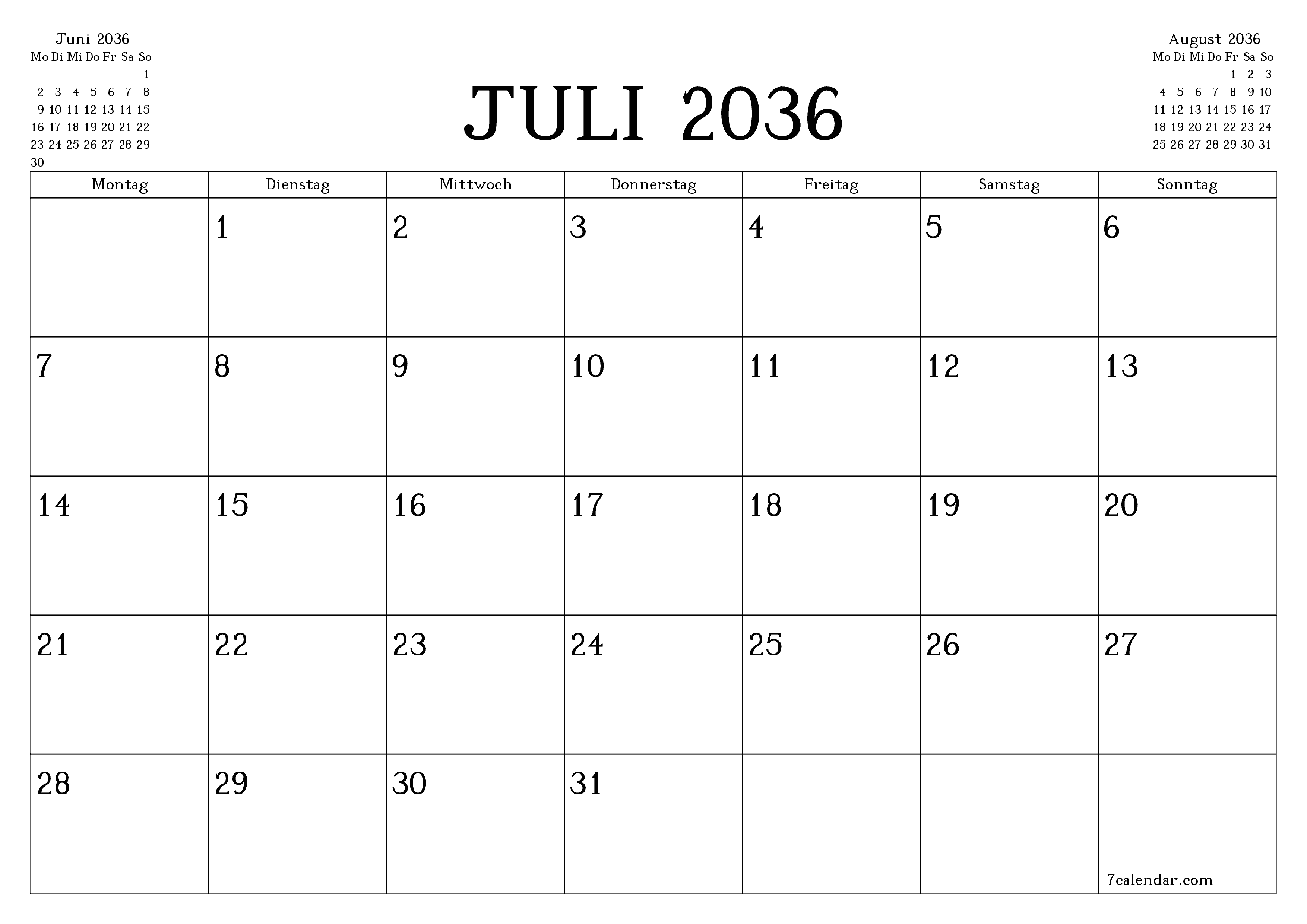 Monatsplaner für Monat Juli 2036 mit Notizen leeren, speichern und als PDF PNG German - 7calendar.com drucken