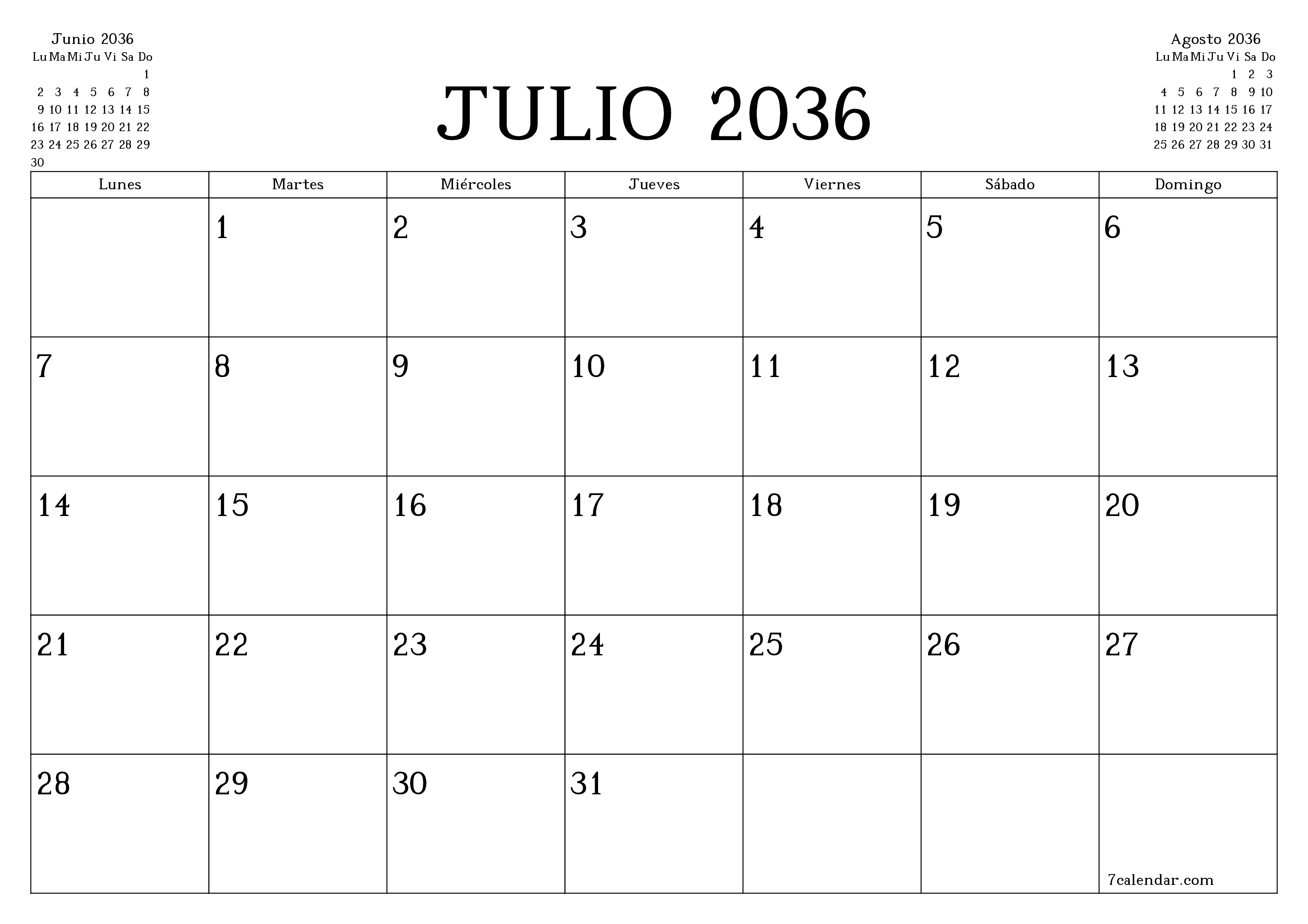 Planificador mensual vacío para el mes Julio 2036 con notas, guardar e imprimir en PDF PNG Spanish