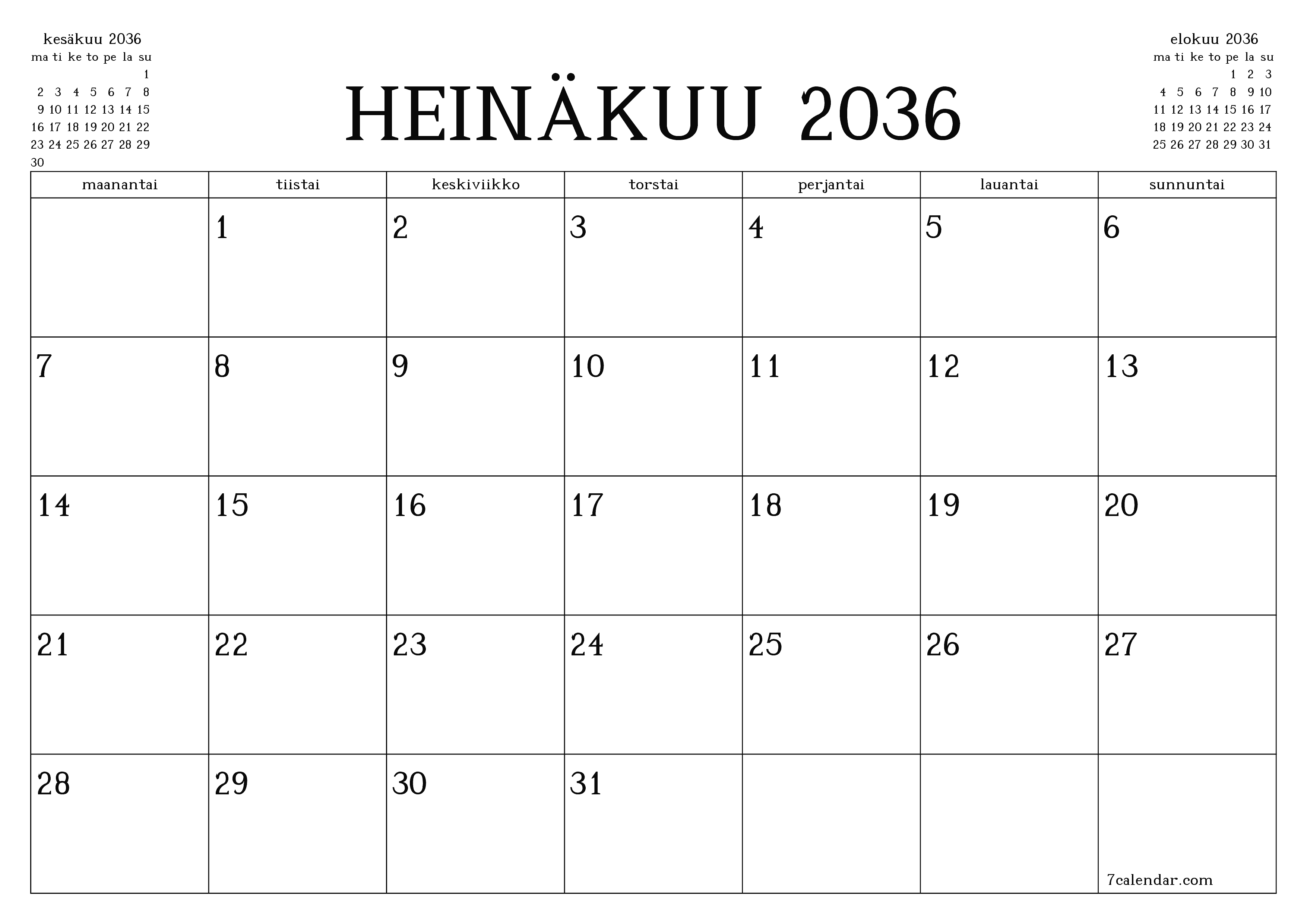 Tyhjennä kuukausittainen suunnittelija kuukaudelle Heinäkuu 2036 muistiinpanoilla, tallenna ja tulosta PDF-muotoon PNG Finnish