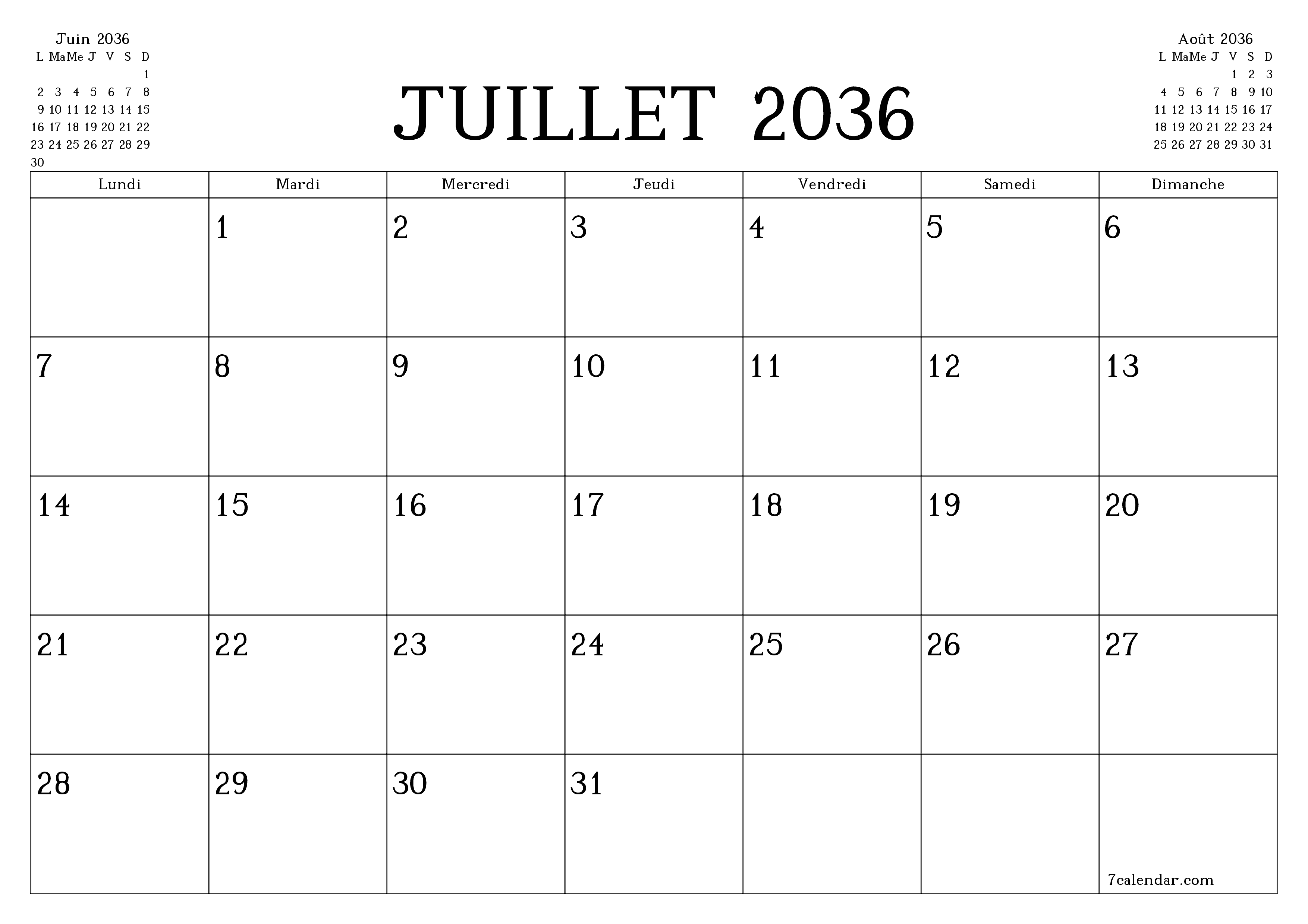 Agenda mensuel vide pour le mois Juillet 2036 avec notes, enregistrez et imprimez au format PDF PNG French