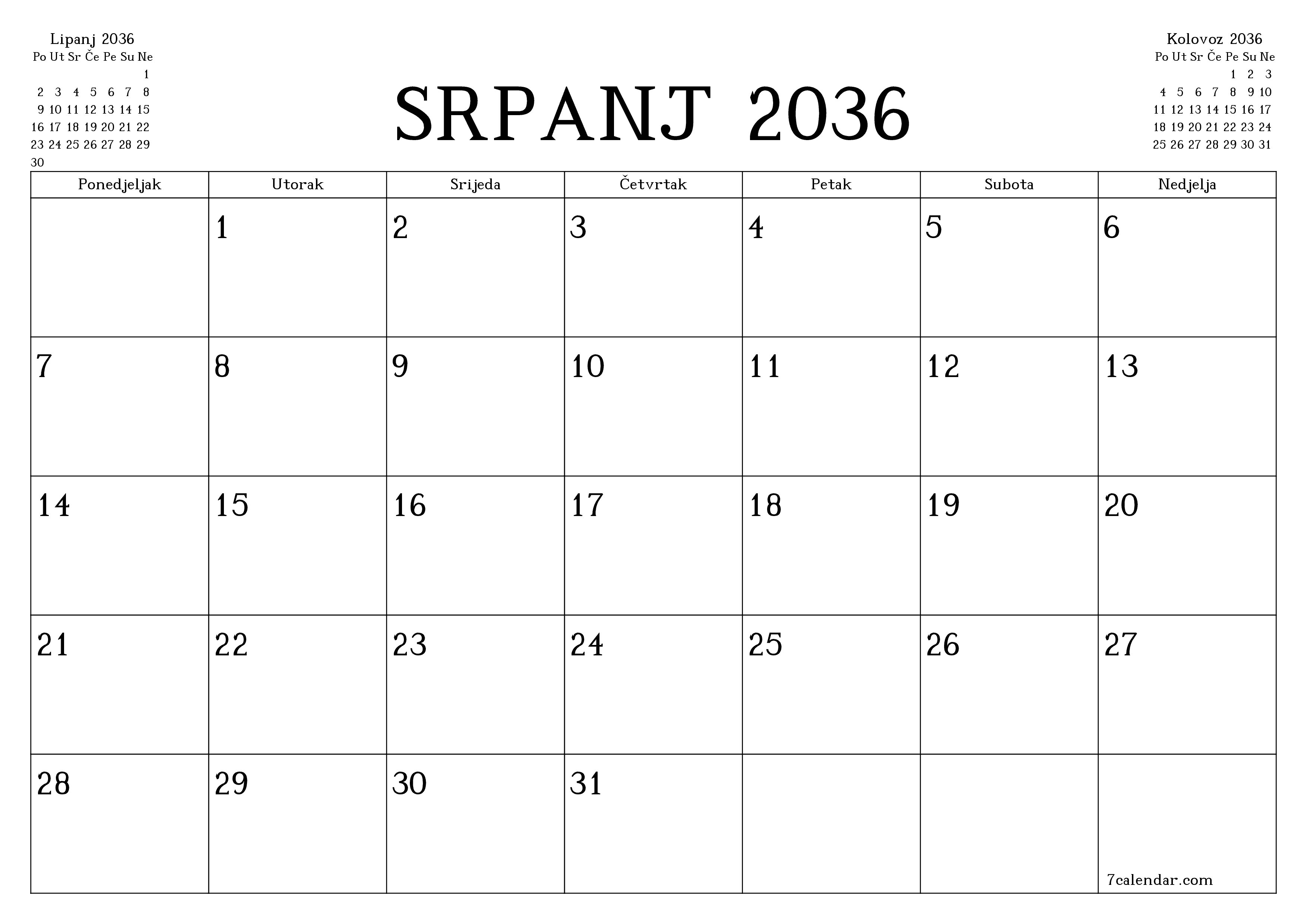 Ispraznite mjesečni planer za mjesec Srpanj 2036 s bilješkama, spremite i ispišite u PDF PNG Croatian
