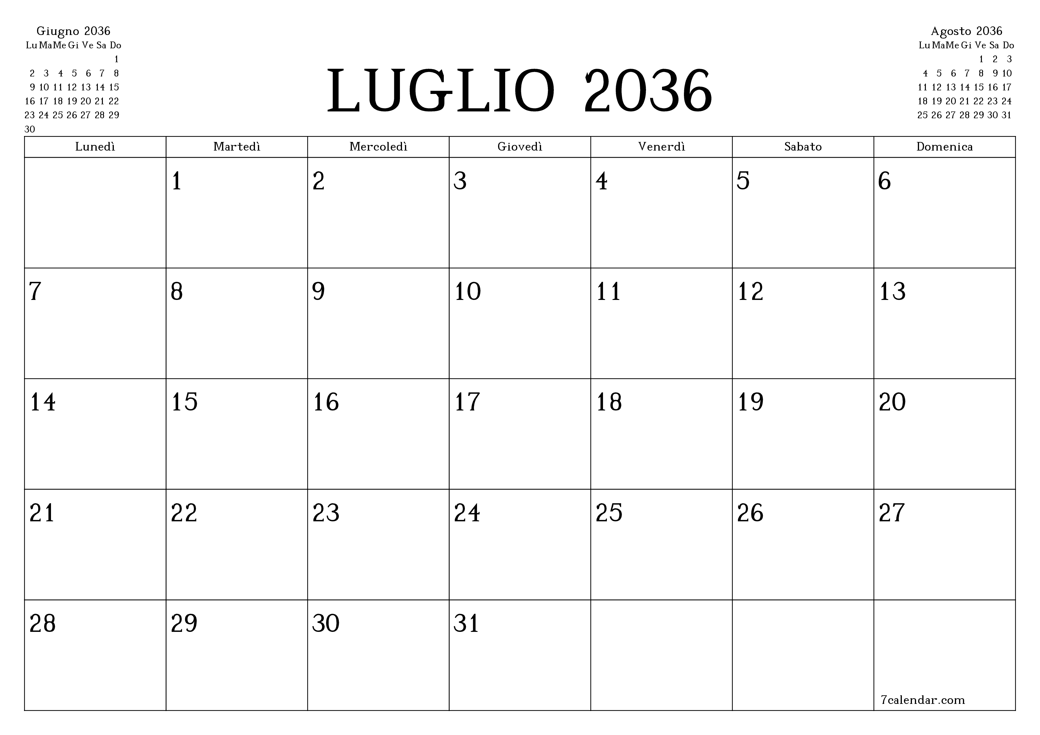 Pianificatore mensile vuoto per il mese Luglio 2036 con note, salva e stampa in PDF PNG Italian