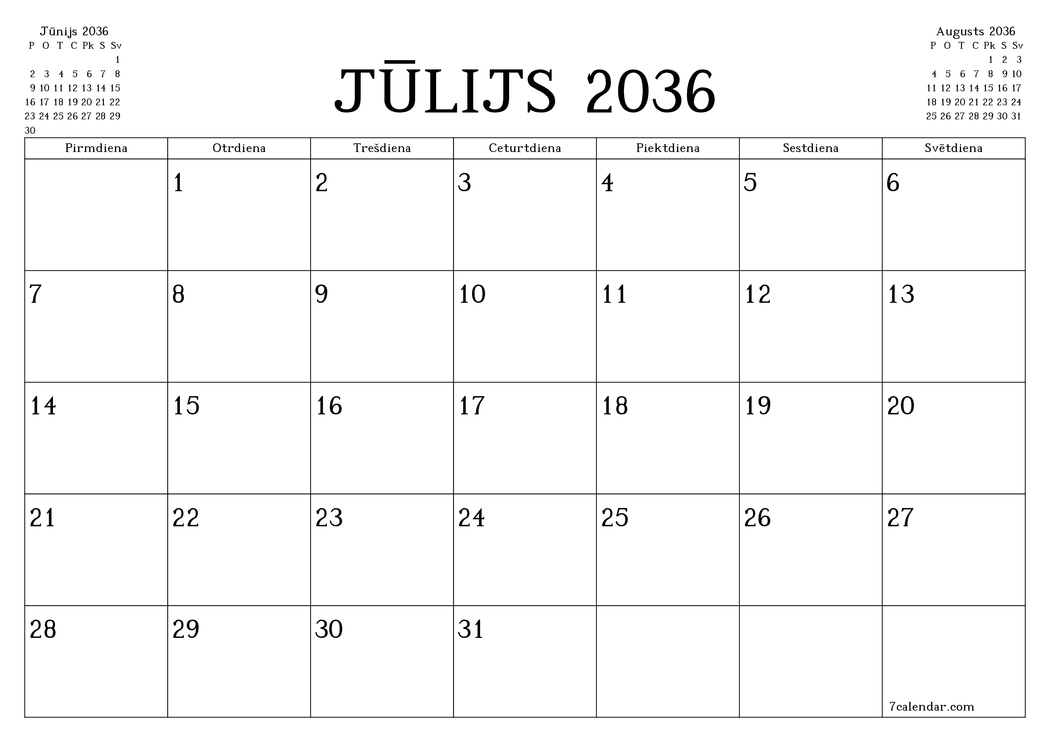 Iztukšot mēneša plānotāju mēnesim Jūlijs 2036 ar piezīmēm, saglabāt un izdrukāt PDF formātā PNG Latvian