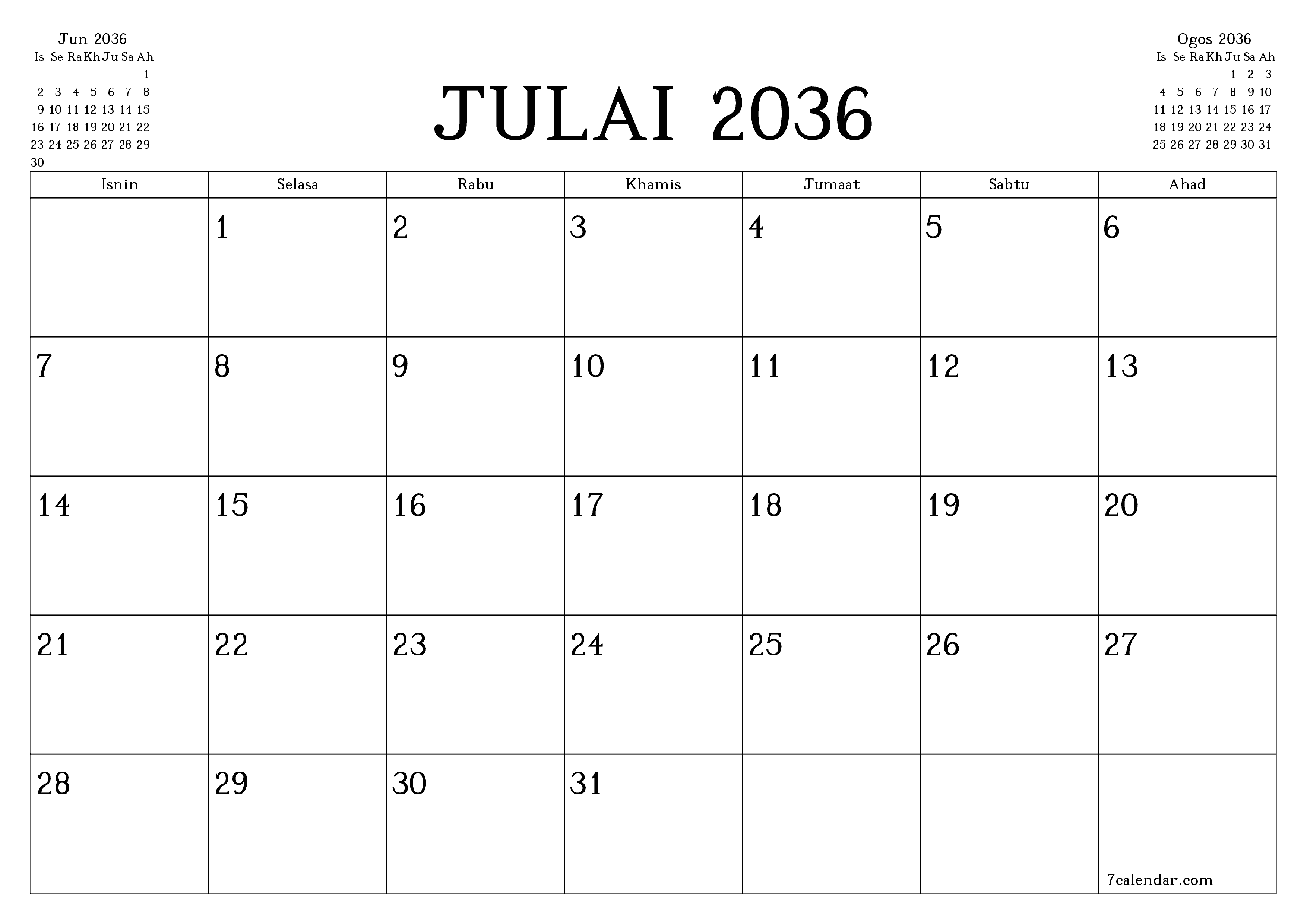 Perancang bulanan kosong untuk bulan Julai 2036 dengan nota, simpan dan cetak ke PDF PNG Malay