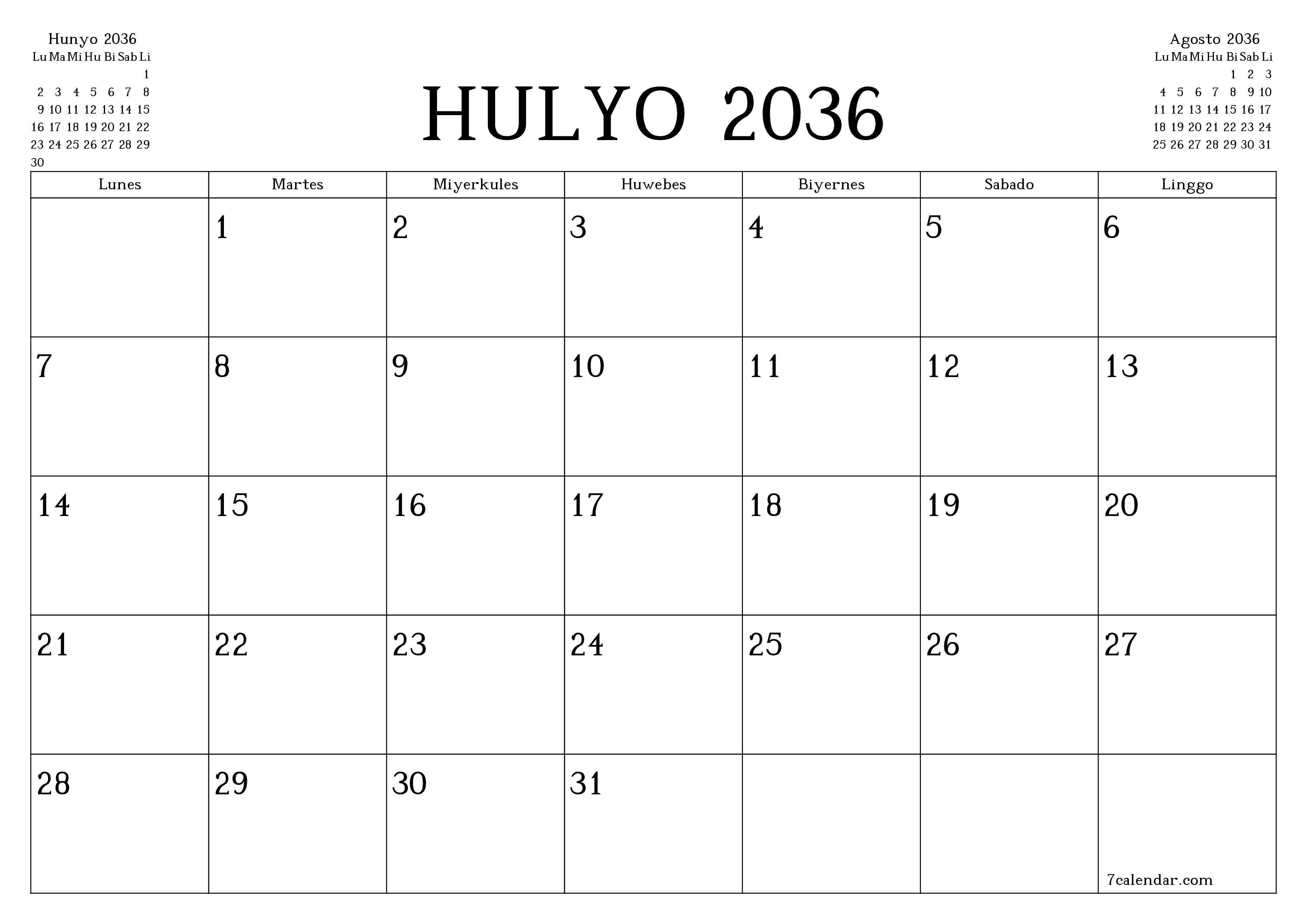 Walang laman na buwanang tagaplano para sa buwan na Hulyo 2036 na may mga tala, i-save at i-print sa PDF PNG Filipino