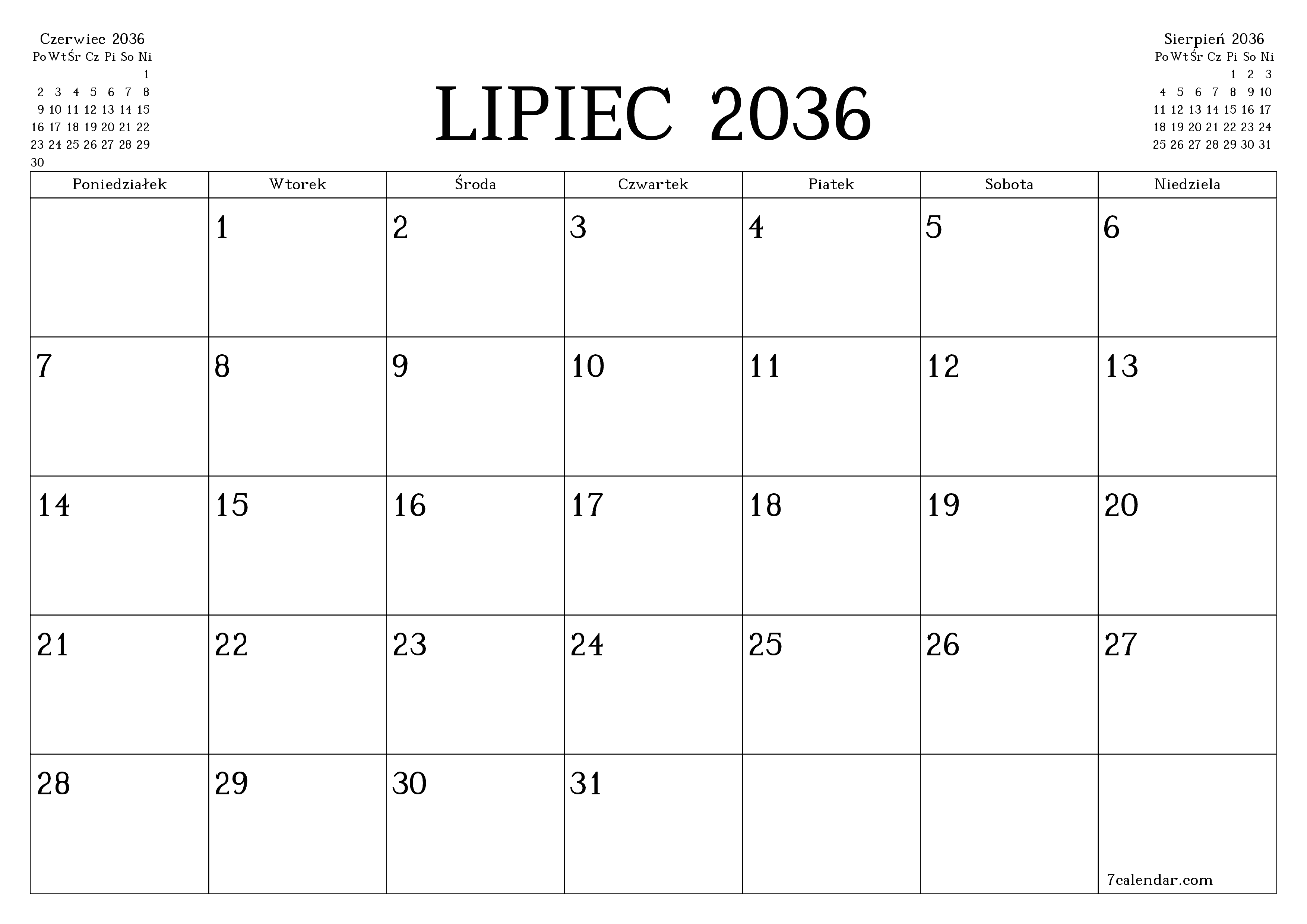 Opróżnij miesięczny planer na miesiąc Lipiec 2036 z notatkami, zapisz i wydrukuj w formacie PDF PNG Polish