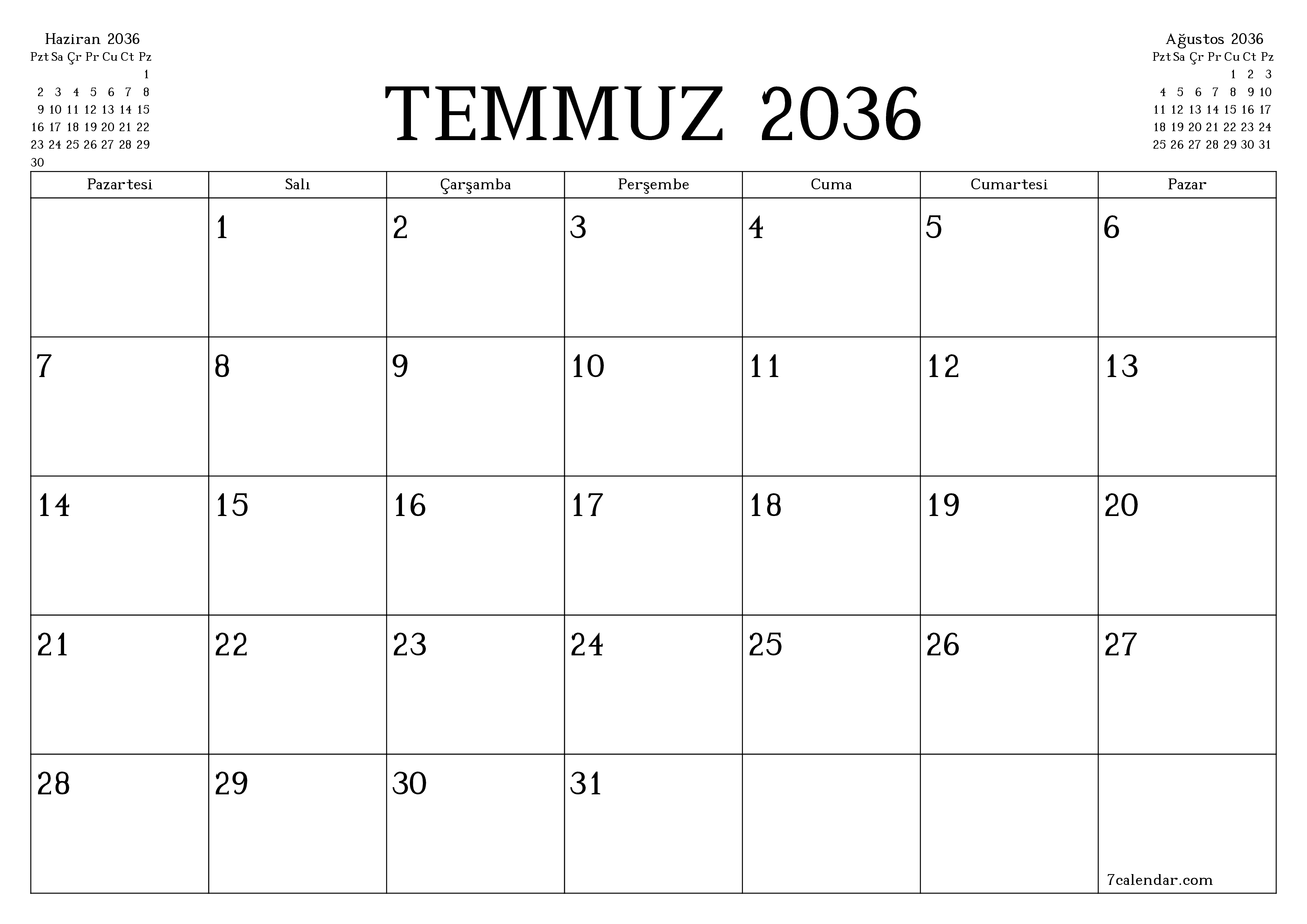 Temmuz 2036 ayı için notlarla birlikte boş aylık planlayıcı, kaydedin ve PDF'ye yazdırın PNG Turkish