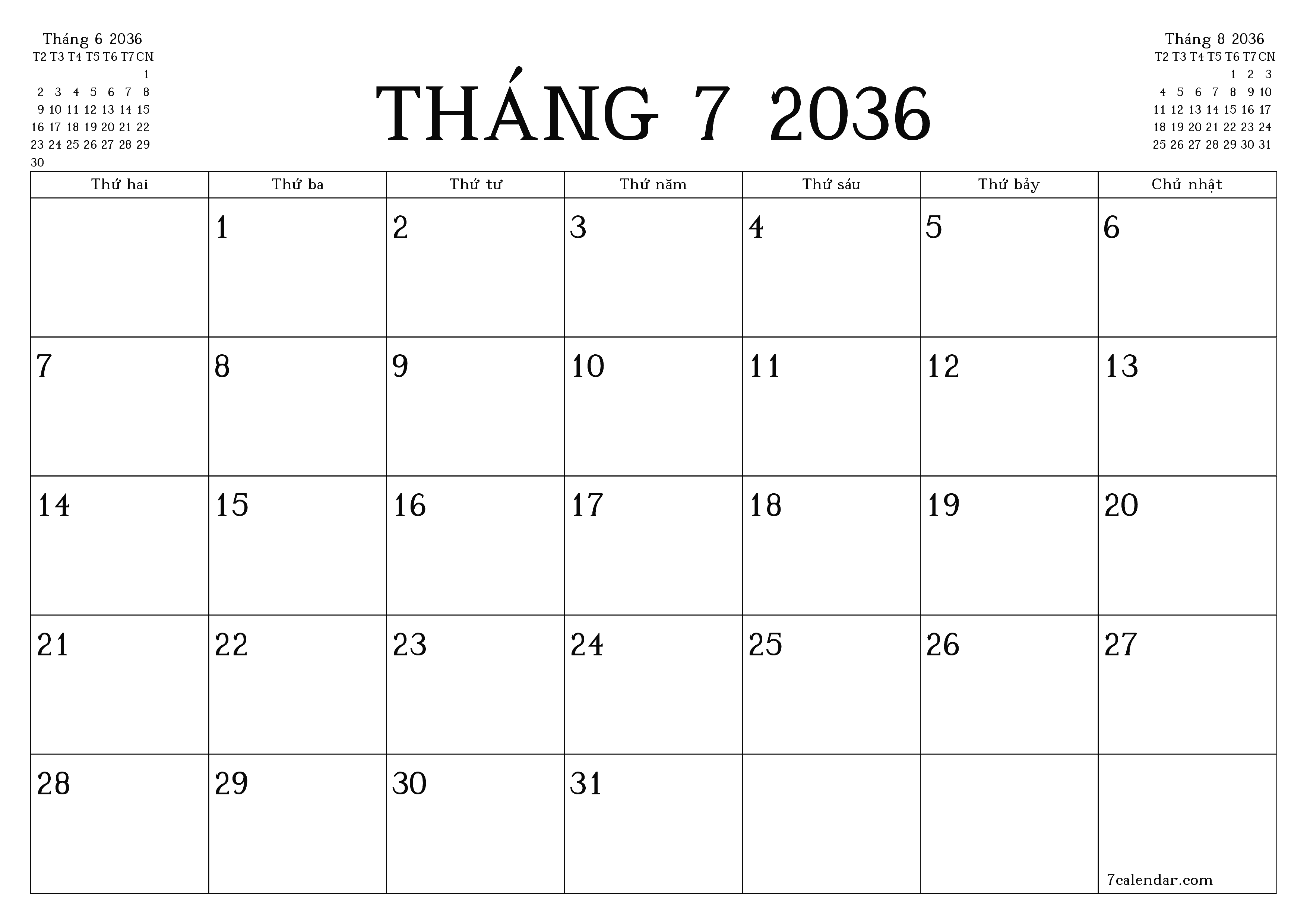 Công cụ lập kế hoạch hàng tháng trống cho tháng Tháng 7 2036 có ghi chú, lưu và in sang PDF PNG Vietnamese