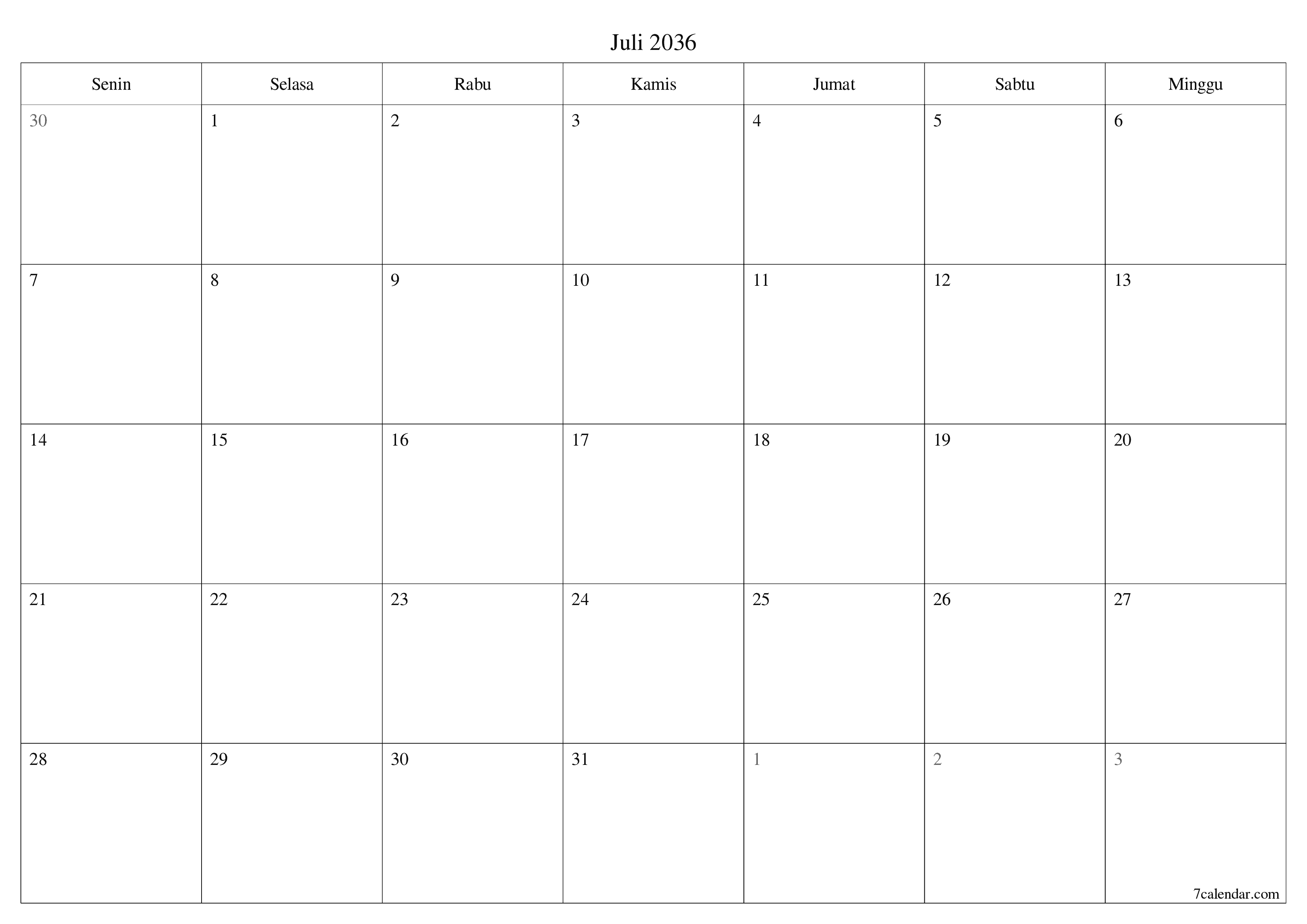 Kosongkan agenda bulanan untuk bulan Juli 2036 dengan catatan, simpan dan cetak ke PDF PNG Indonesian