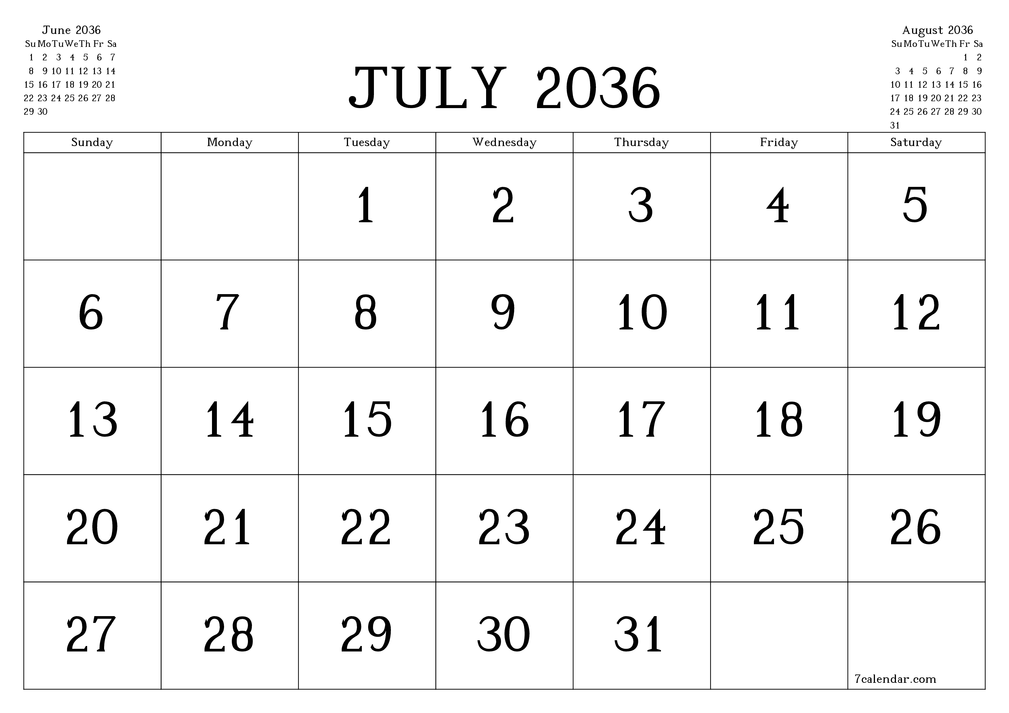 Blank calendar July 2036