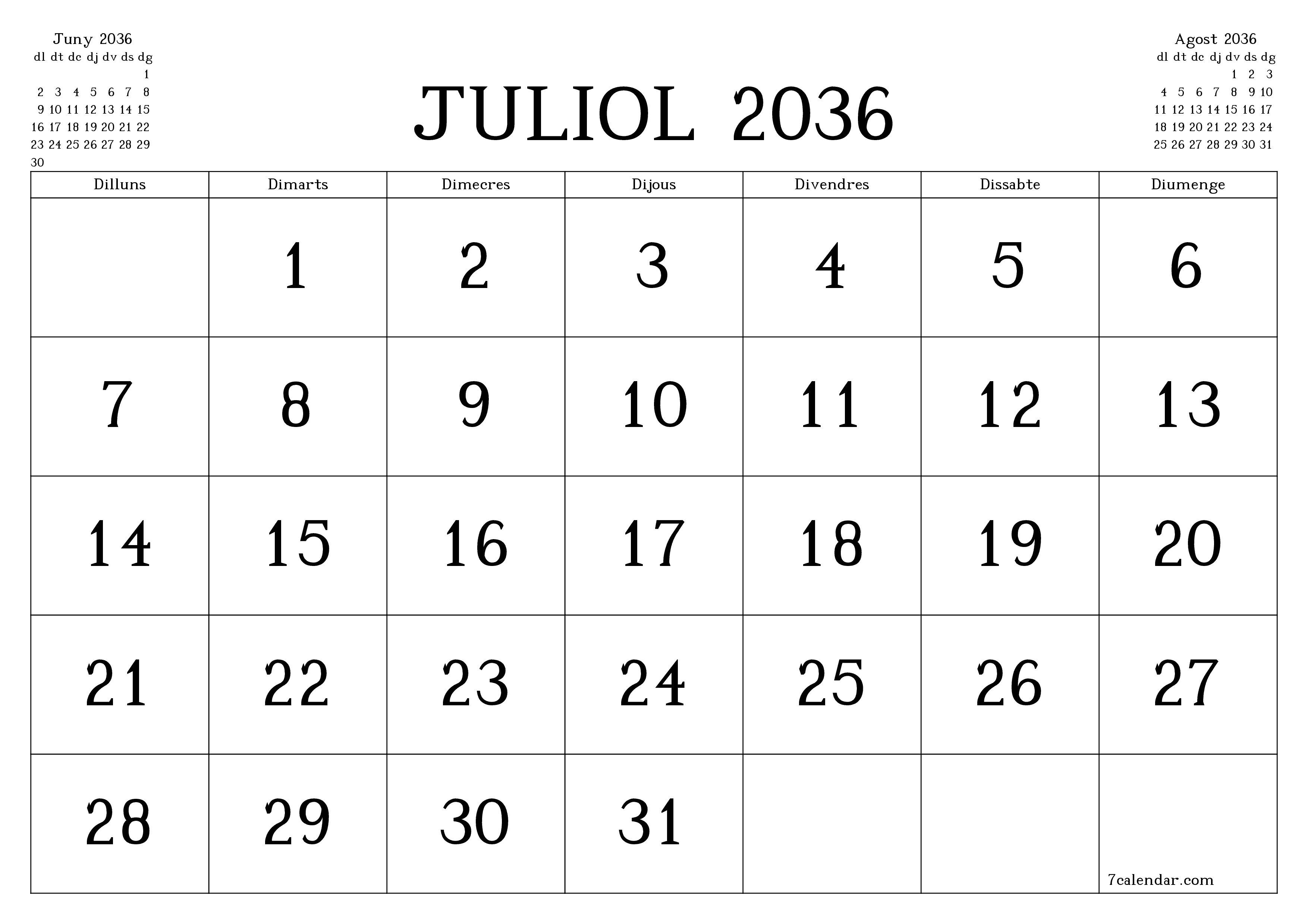 Planificador mensual buit del mes Juliol 2036 amb notes, deseu-lo i imprimiu-lo en format PDF PNG Catalan