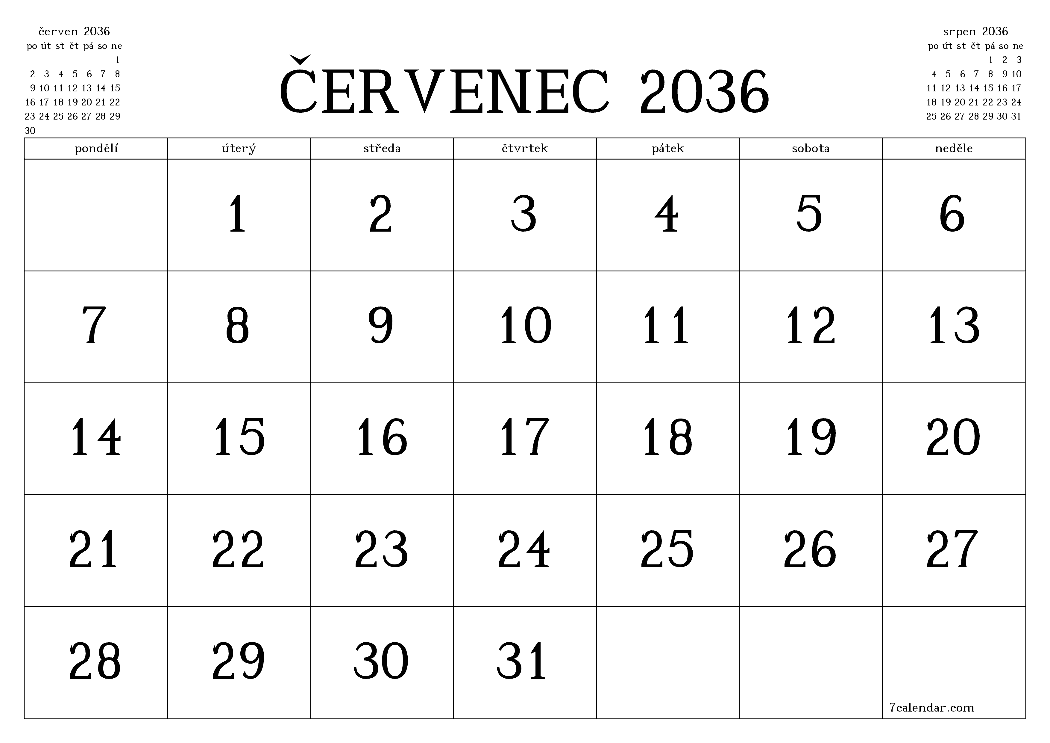 Vyprázdnit měsíční plánovač na měsíc červenec 2036 s poznámkami, uložit a vytisknout do PDF PNG Czech