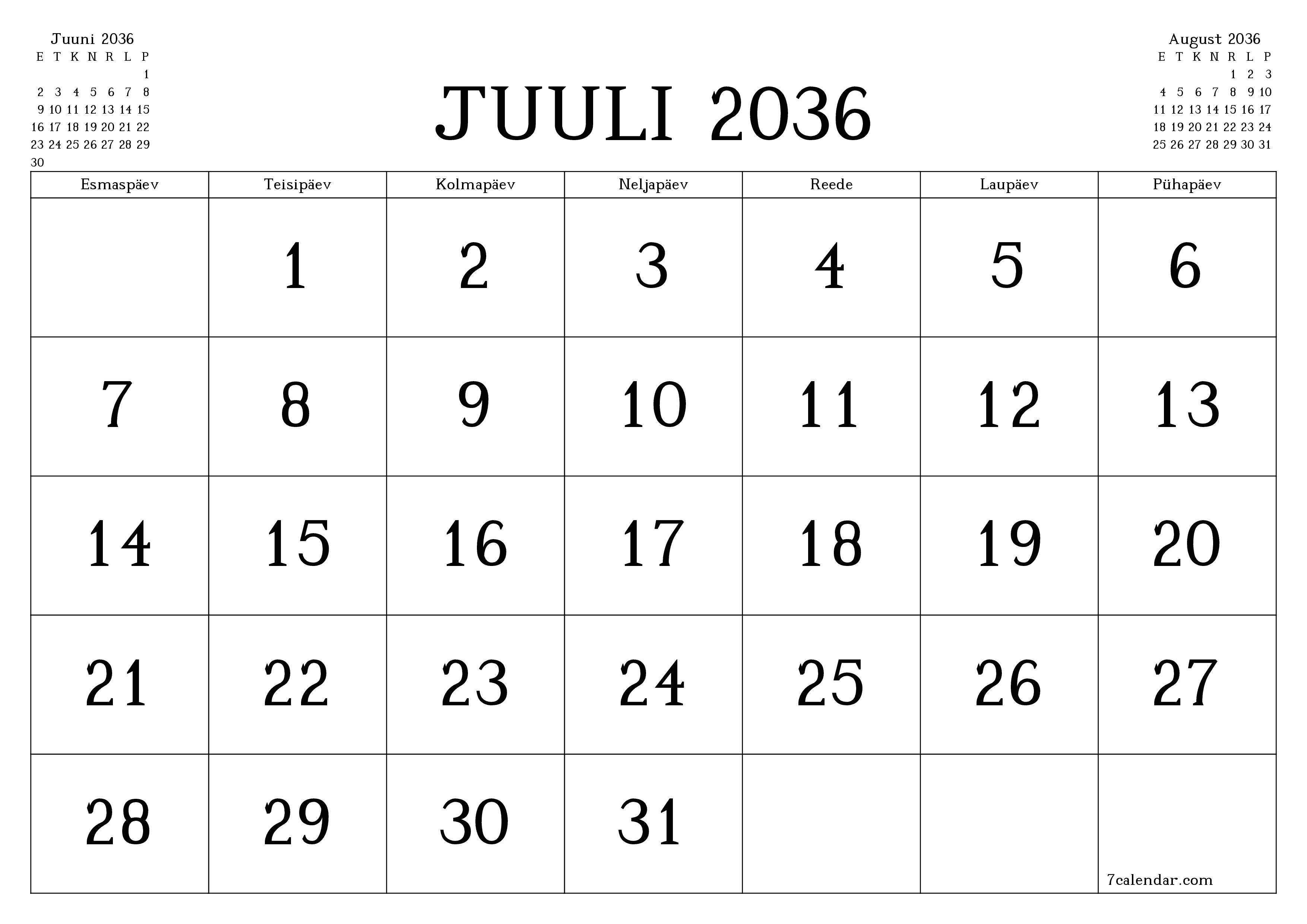 Tühjendage kuu Juuli 2036 kuuplaneerija märkmetega, salvestage ja printige PDF-i PNG Estonian