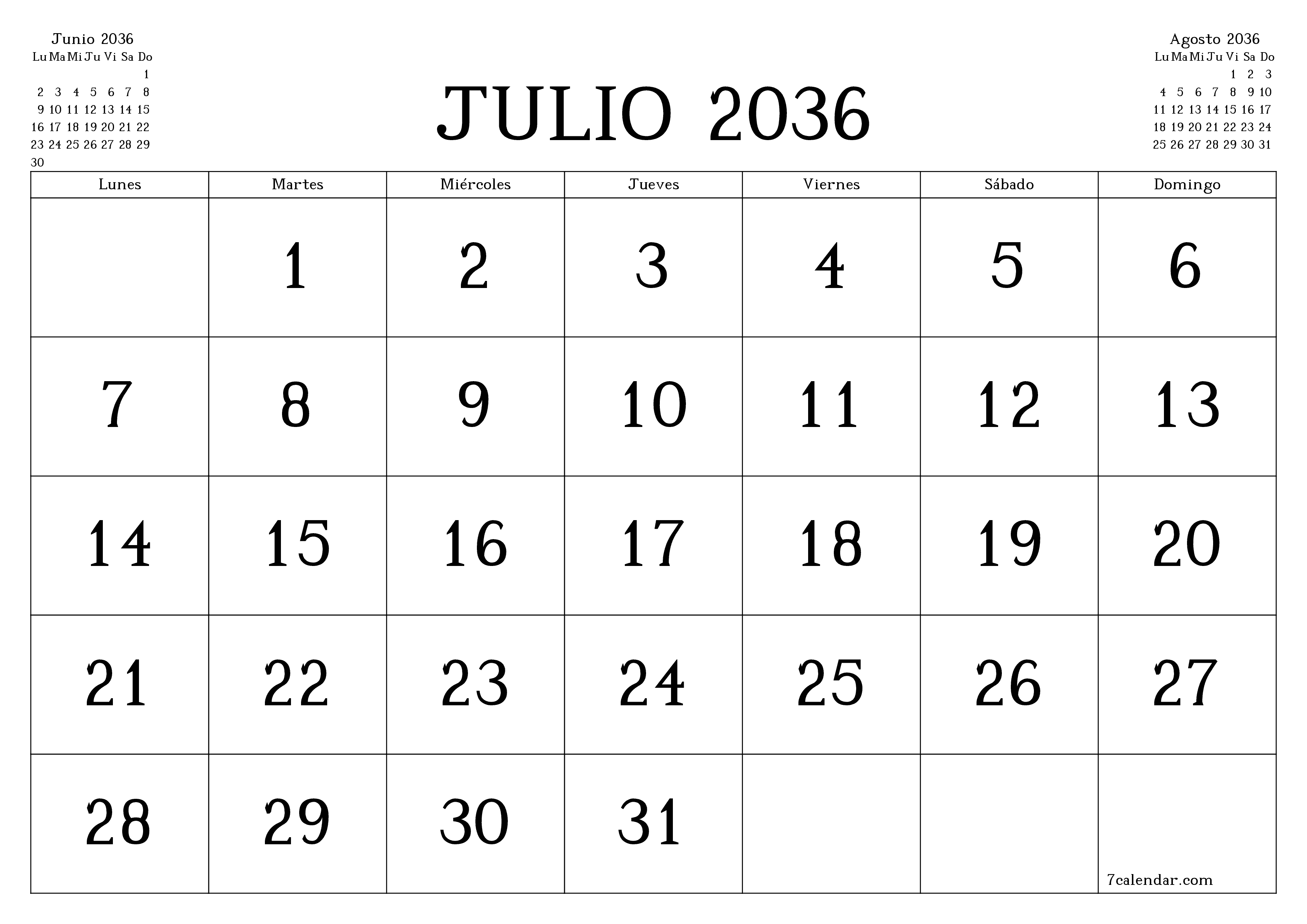 Planificador mensual vacío para el mes Julio 2036 con notas, guardar e imprimir en PDF PNG Spanish