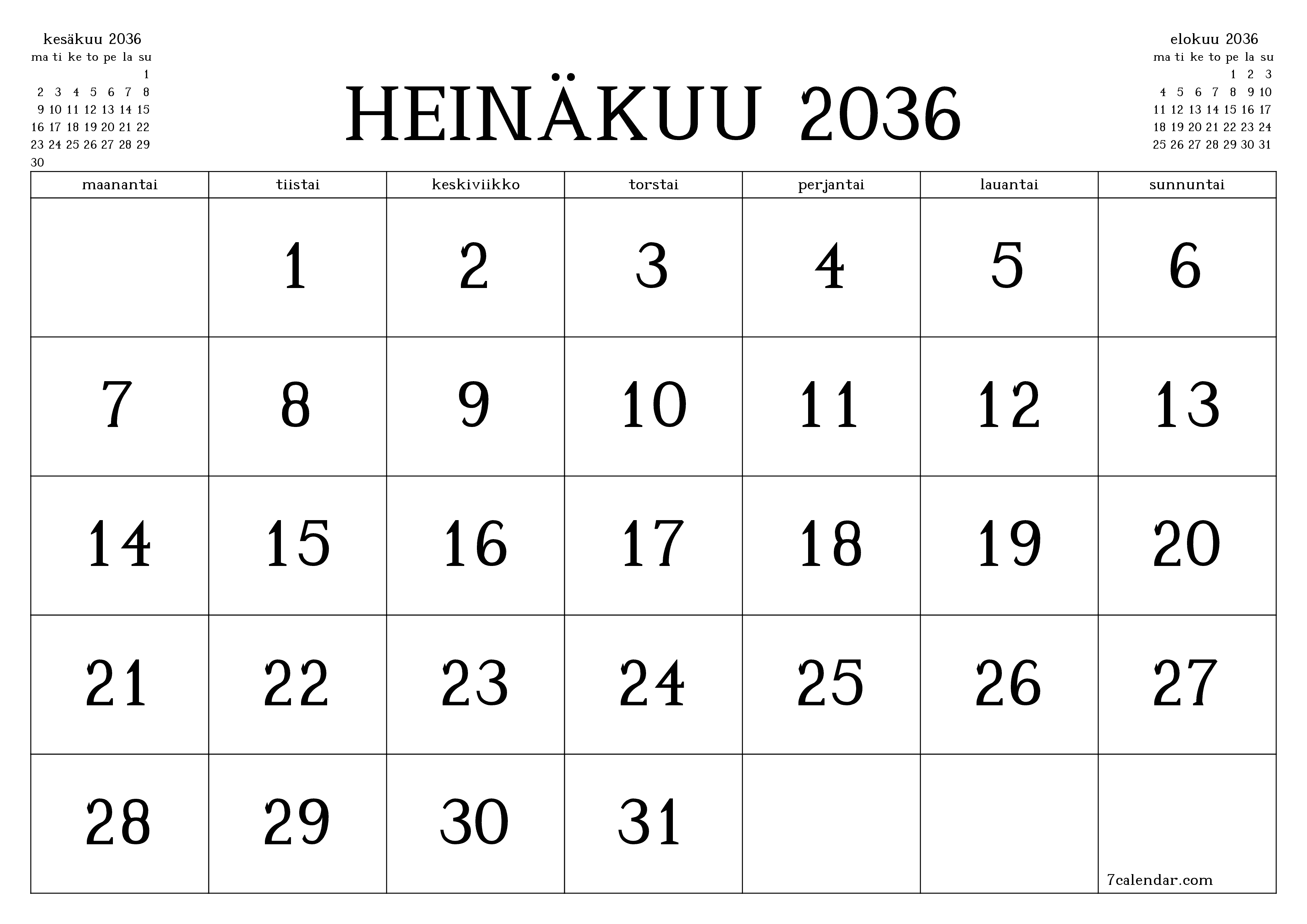 Tyhjennä kuukausittainen suunnittelija kuukaudelle Heinäkuu 2036 muistiinpanoilla, tallenna ja tulosta PDF-muotoon PNG Finnish