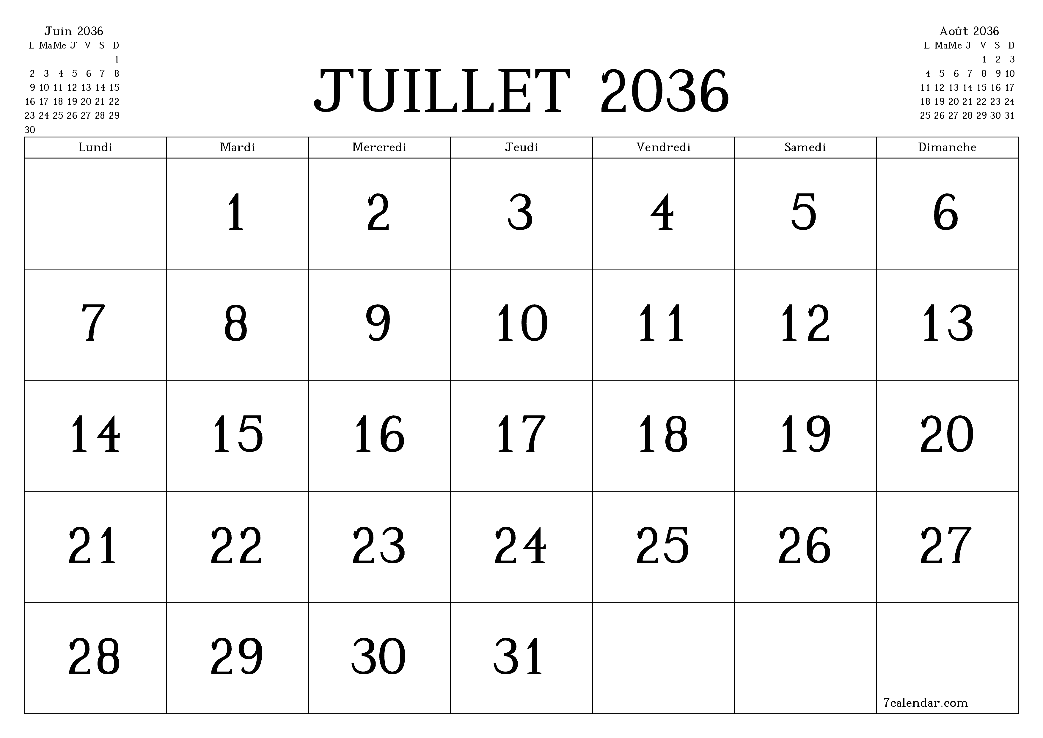 Agenda mensuel vide pour le mois Juillet 2036 avec notes, enregistrez et imprimez au format PDF PNG French