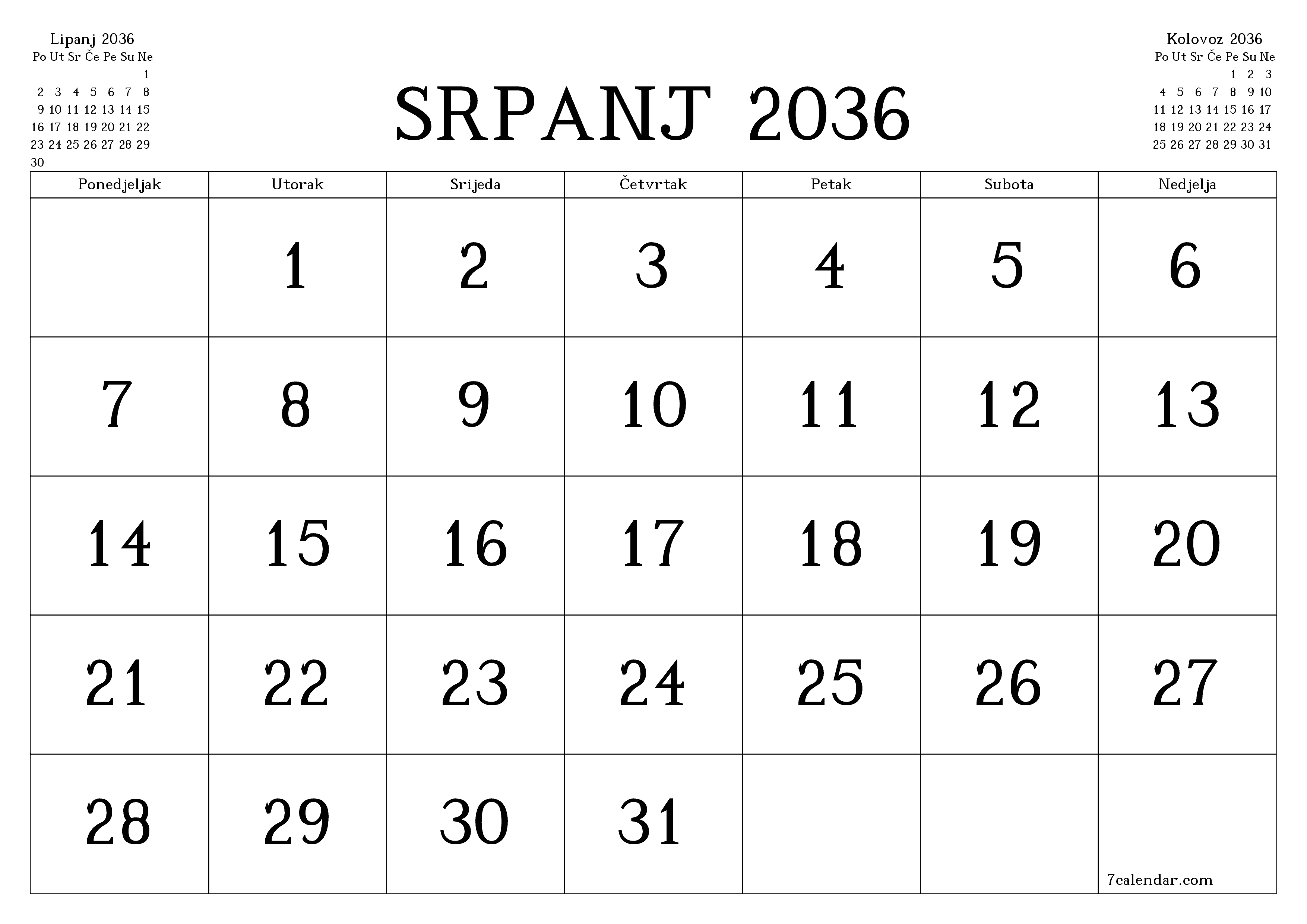 Ispraznite mjesečni planer za mjesec Srpanj 2036 s bilješkama, spremite i ispišite u PDF PNG Croatian