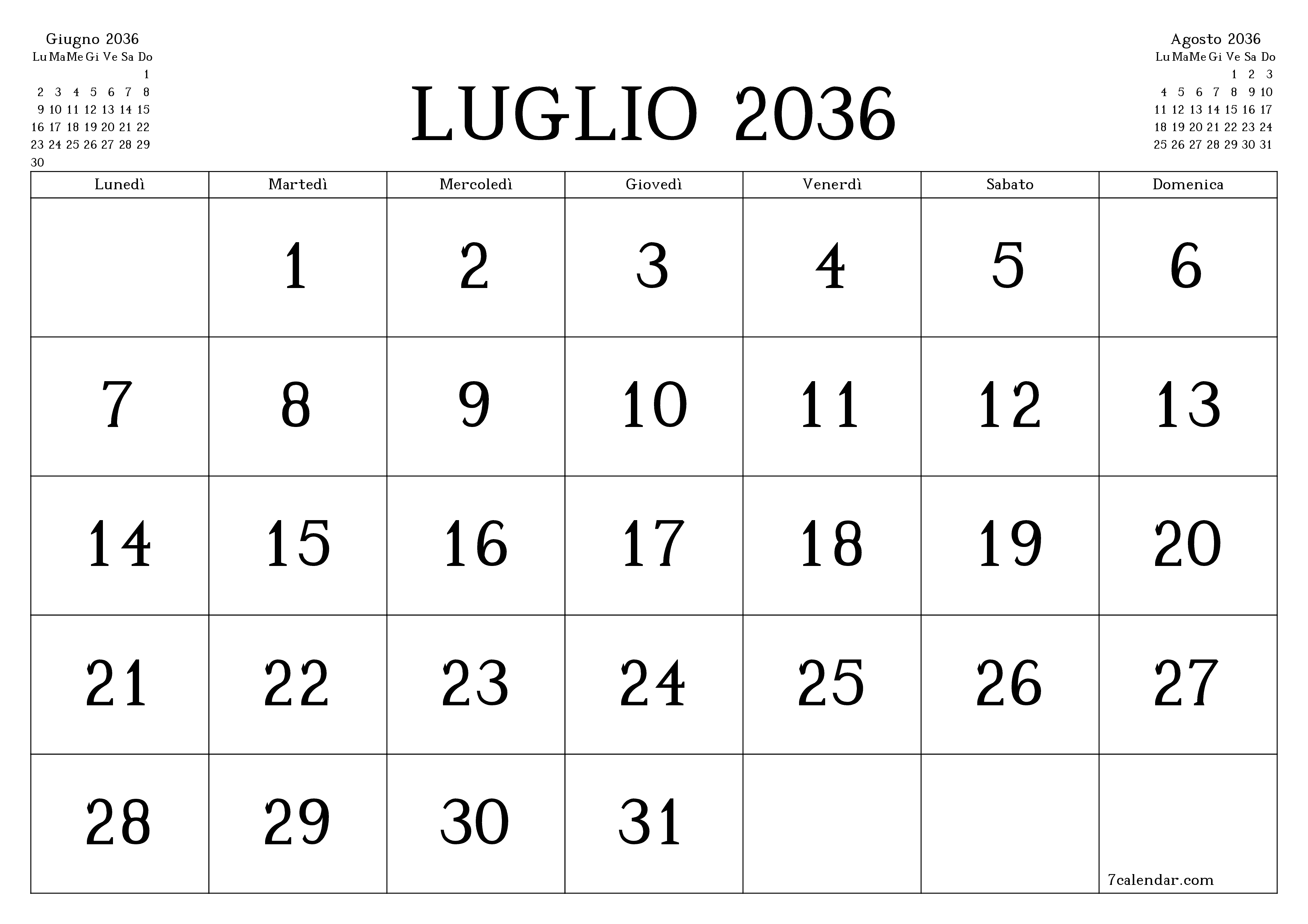 Pianificatore mensile vuoto per il mese Luglio 2036 con note, salva e stampa in PDF PNG Italian