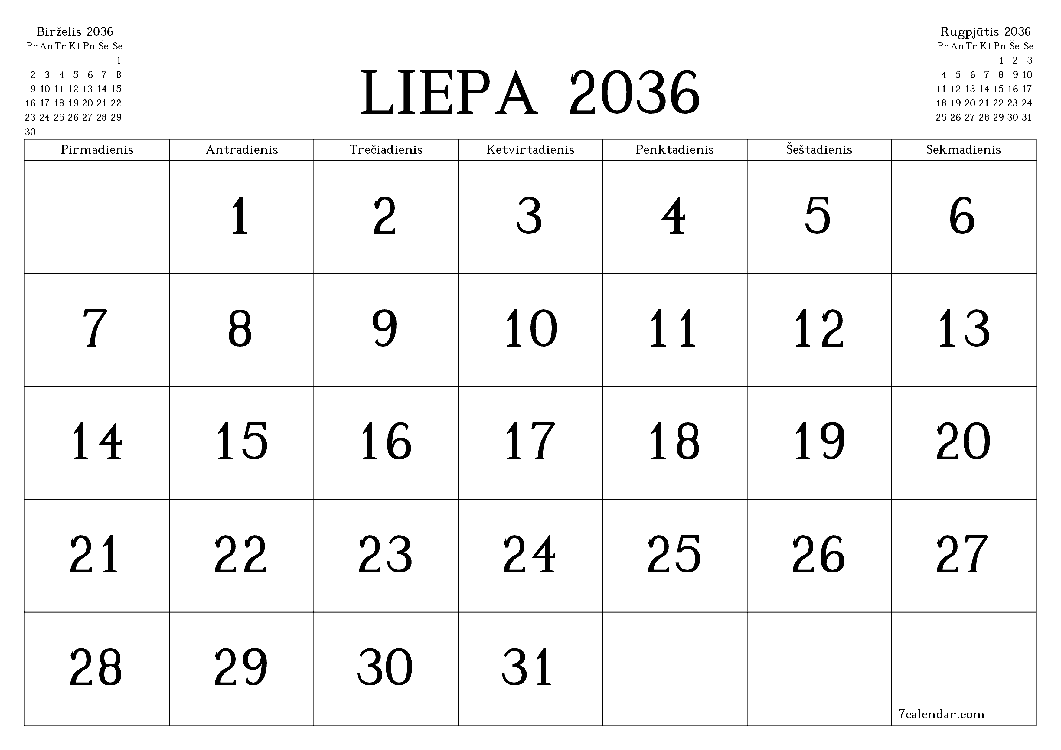 Ištuštinti mėnesio Liepa 2036 mėnesio planavimo priemonę su užrašais, išsaugoti ir atsispausdinti PDF formate PNG Lithuanian
