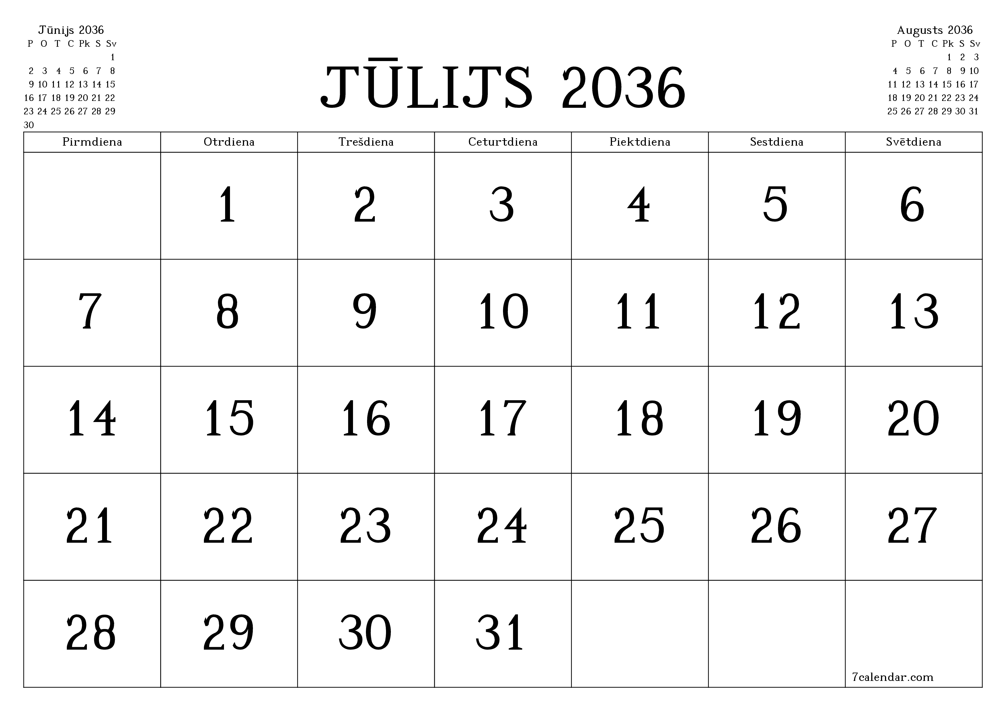 Iztukšot mēneša plānotāju mēnesim Jūlijs 2036 ar piezīmēm, saglabāt un izdrukāt PDF formātā PNG Latvian