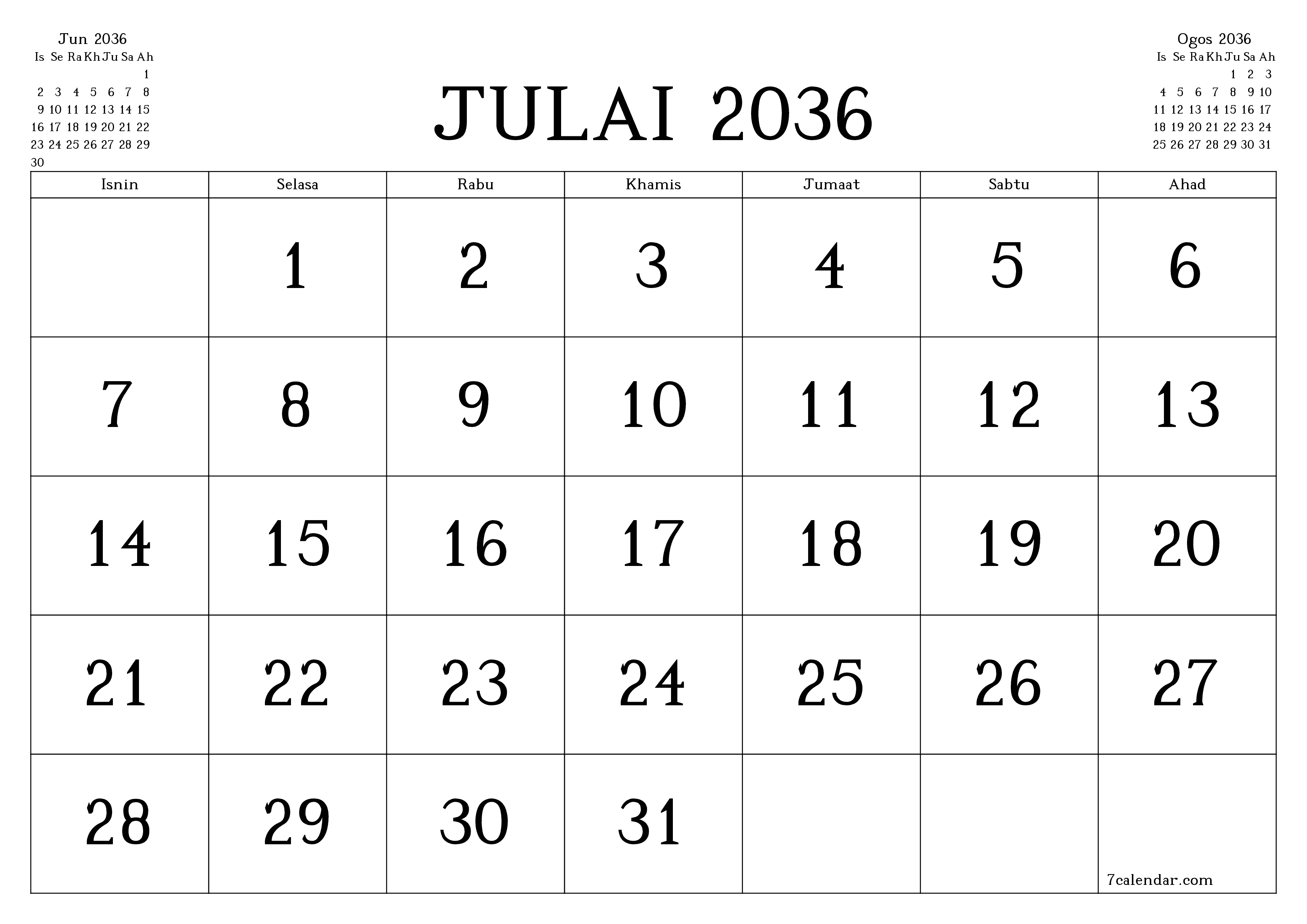 Perancang bulanan kosong untuk bulan Julai 2036 dengan nota, simpan dan cetak ke PDF PNG Malay