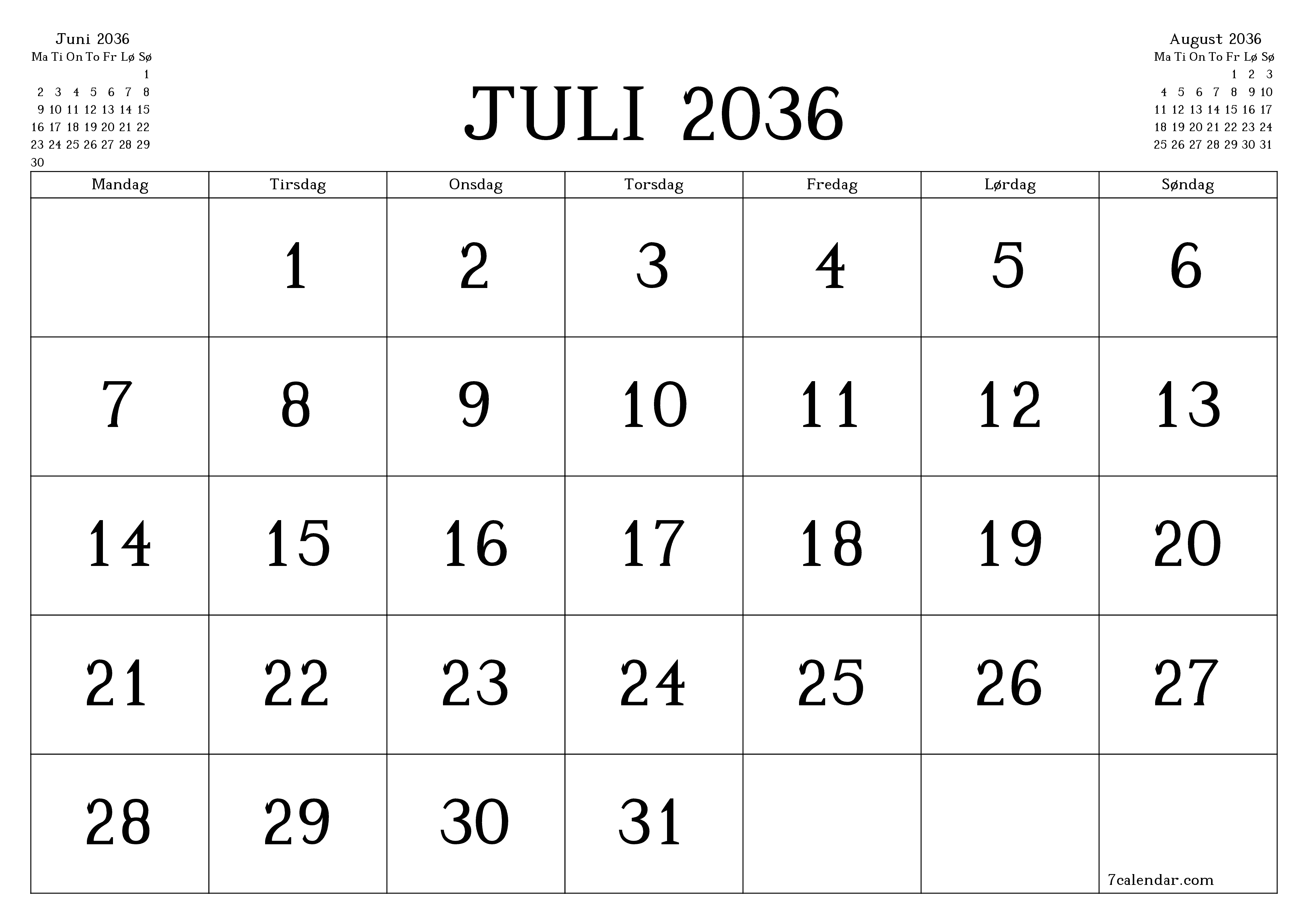 Tom månedlig planlegger for måned Juli 2036 med notater, lagre og skriv ut til PDF PNG Norwegian