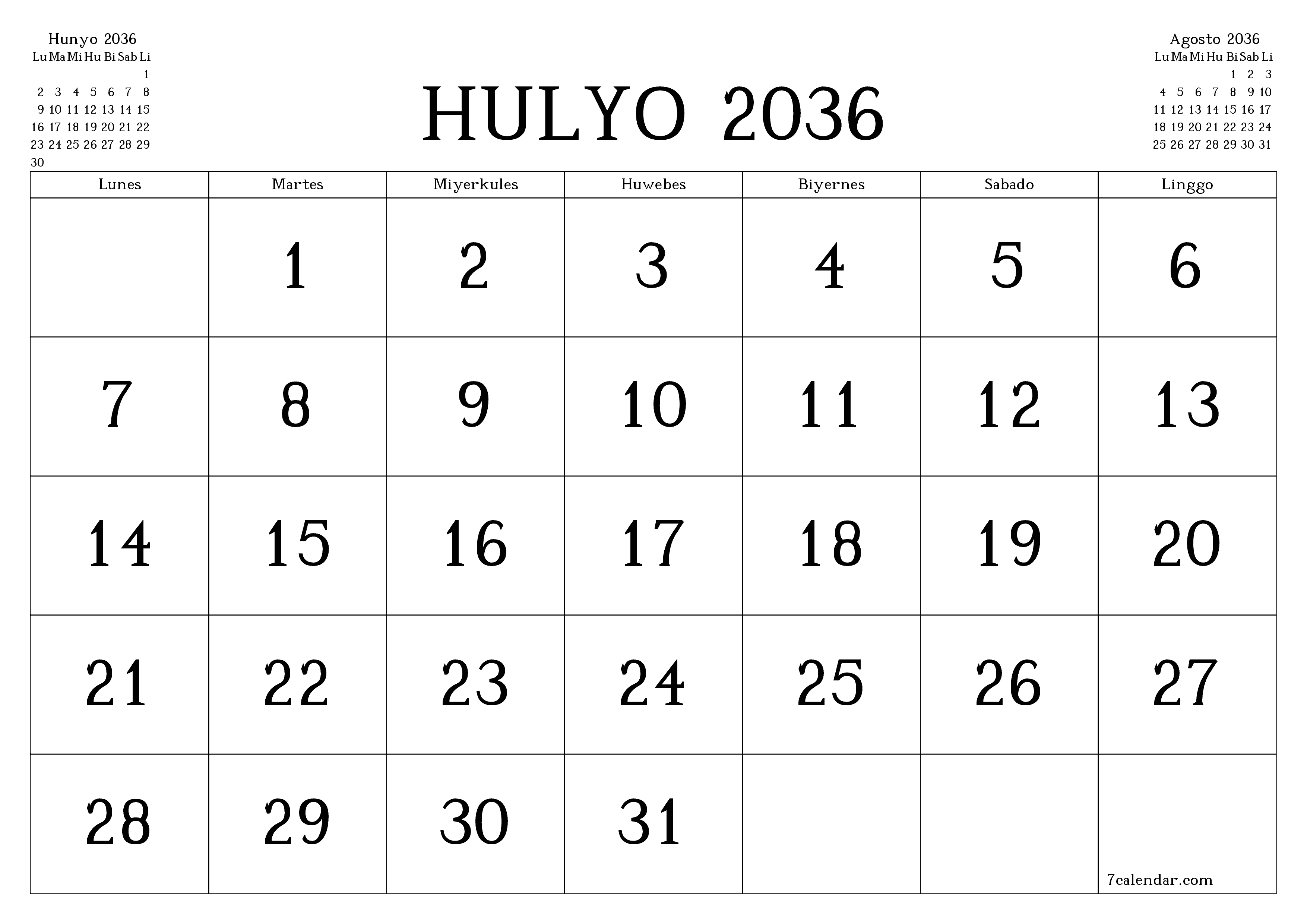 Walang laman na buwanang tagaplano para sa buwan na Hulyo 2036 na may mga tala, i-save at i-print sa PDF PNG Filipino
