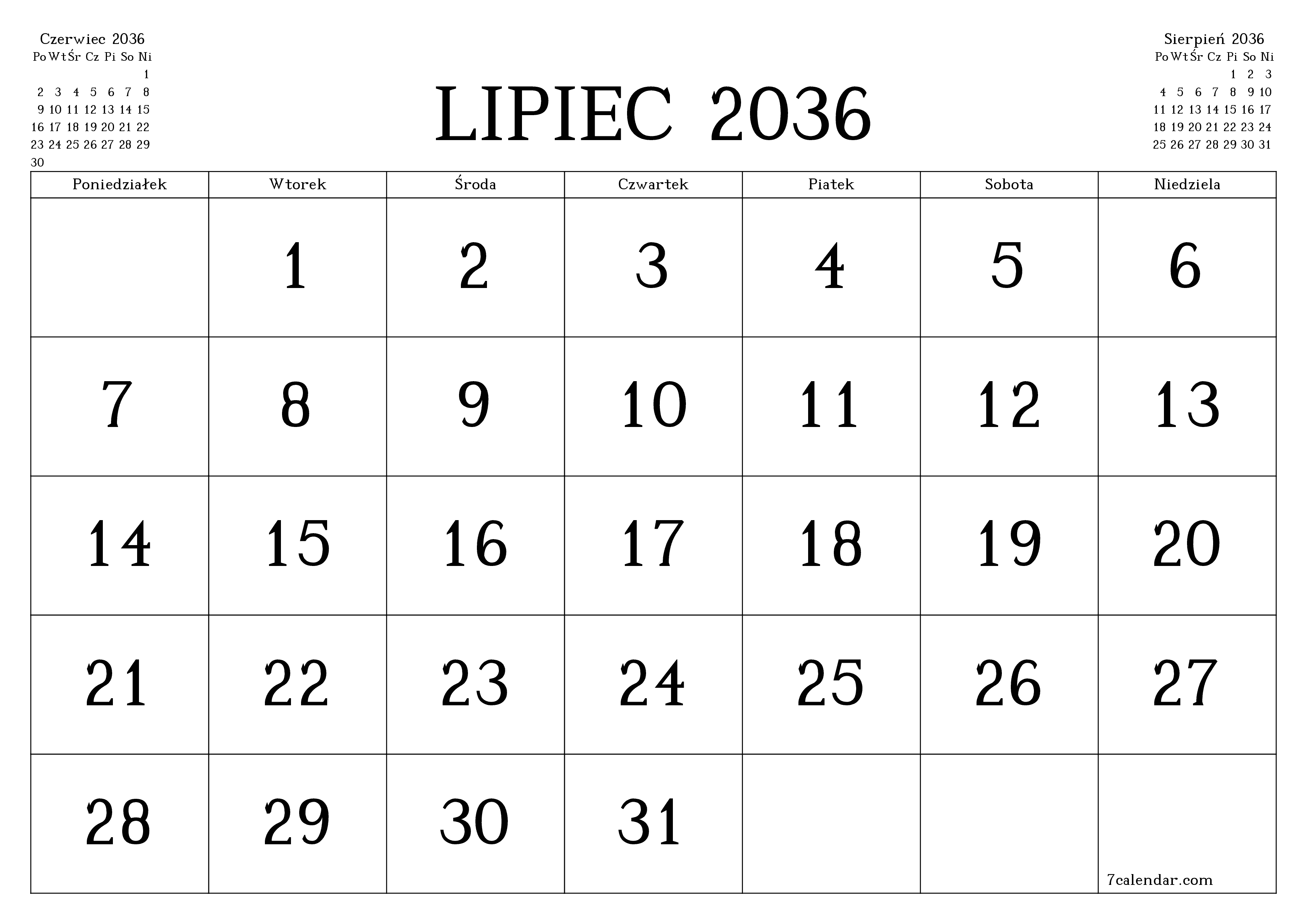 Opróżnij miesięczny planer na miesiąc Lipiec 2036 z notatkami, zapisz i wydrukuj w formacie PDF PNG Polish