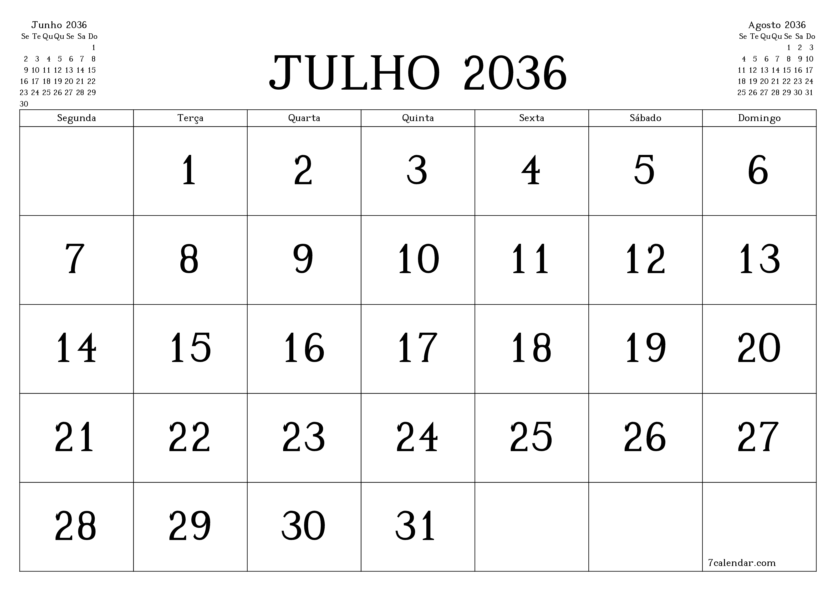 Esvazie o planejador mensal para o mês Julho 2036 com notas, salve e imprima em PDF PNG Portuguese
