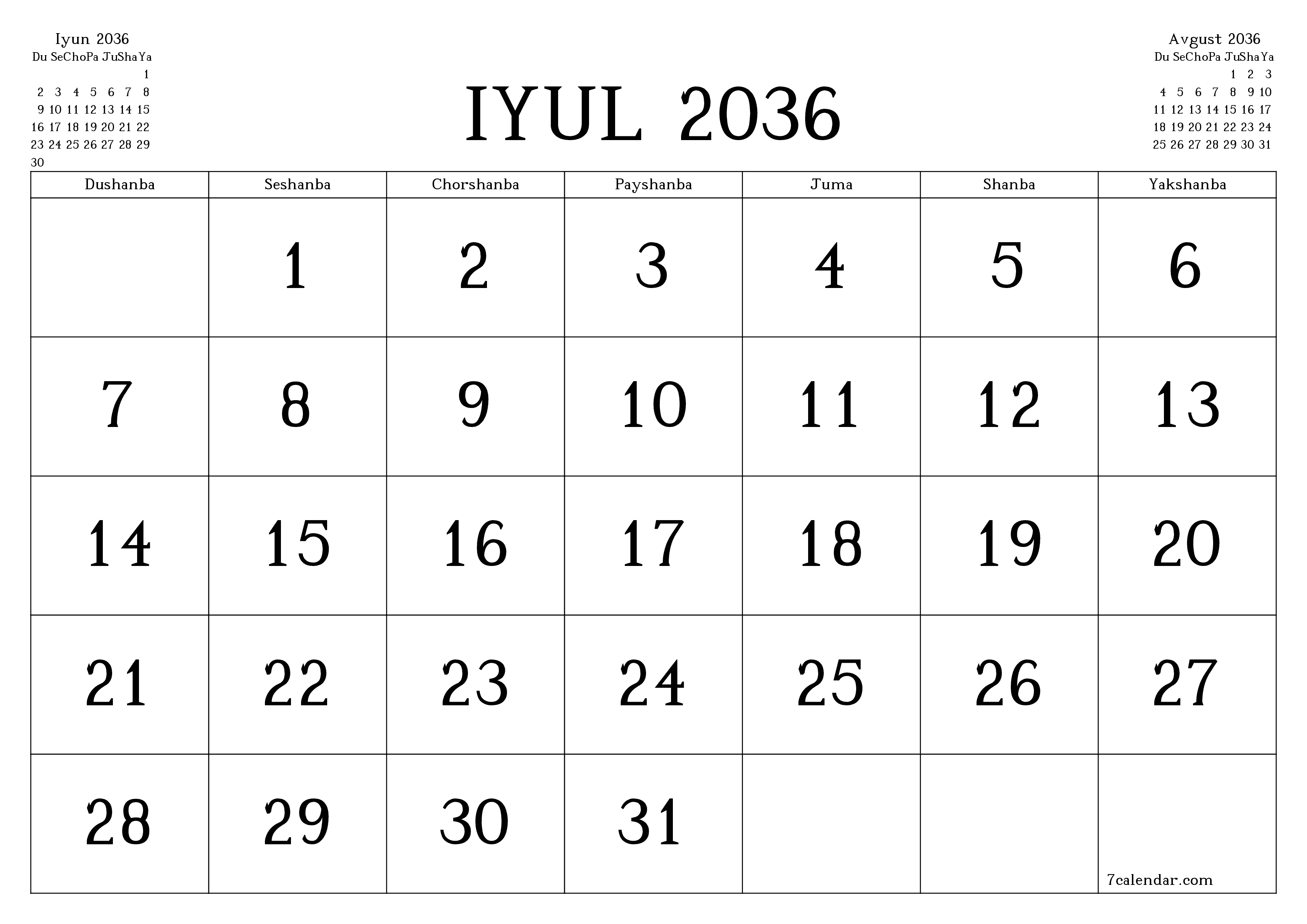 Iyul 2036 oylik oylik rejalashtiruvchini yozuvlar bilan bo'shatish, saqlash va PDF-ga chop etish PNG Uzbek