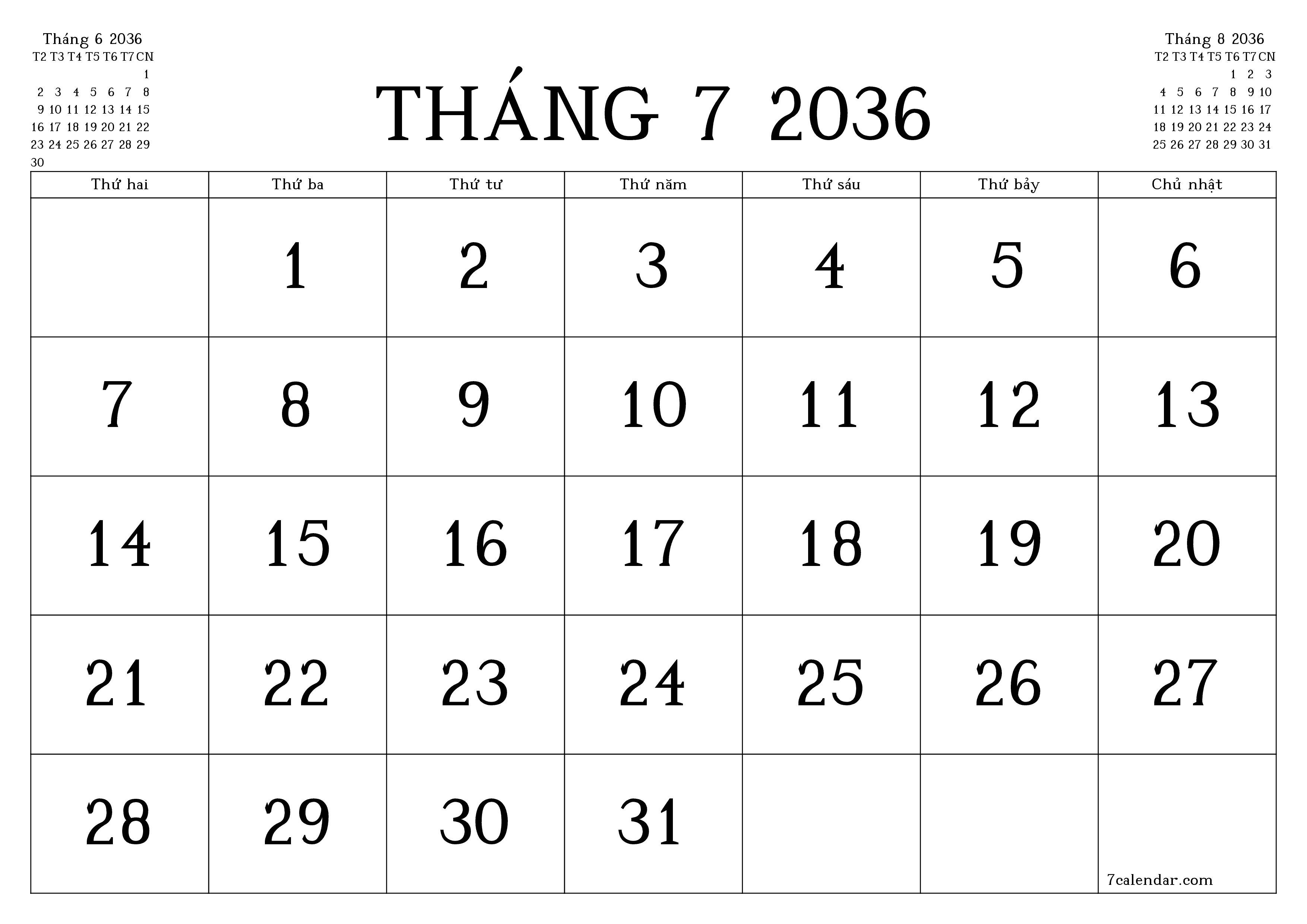 Công cụ lập kế hoạch hàng tháng trống cho tháng Tháng 7 2036 có ghi chú, lưu và in sang PDF PNG Vietnamese