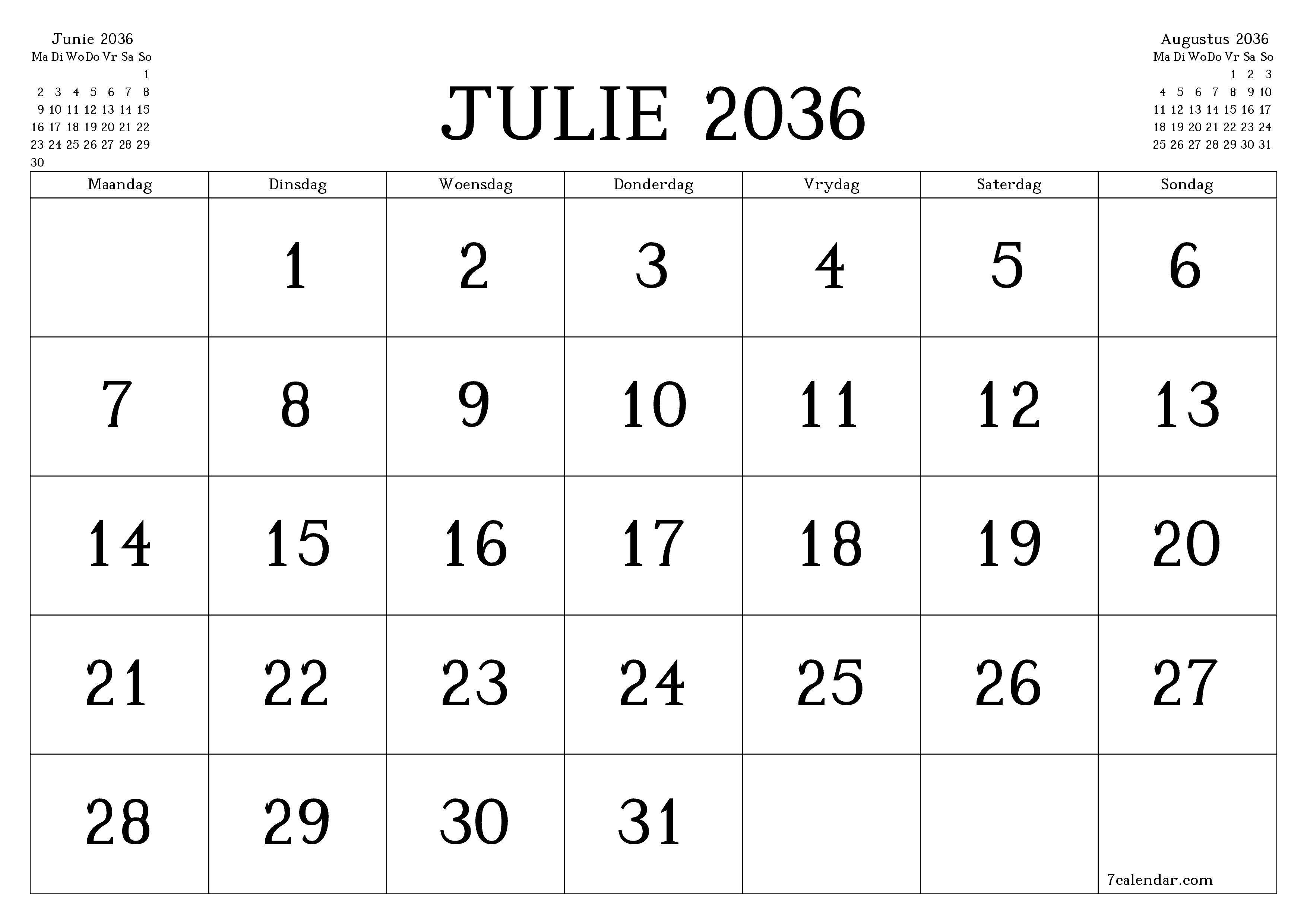 Leë maandelikse drukbare kalender en beplanner vir maand Julie 2036 met notas stoor en druk na PDF PNG Afrikaans