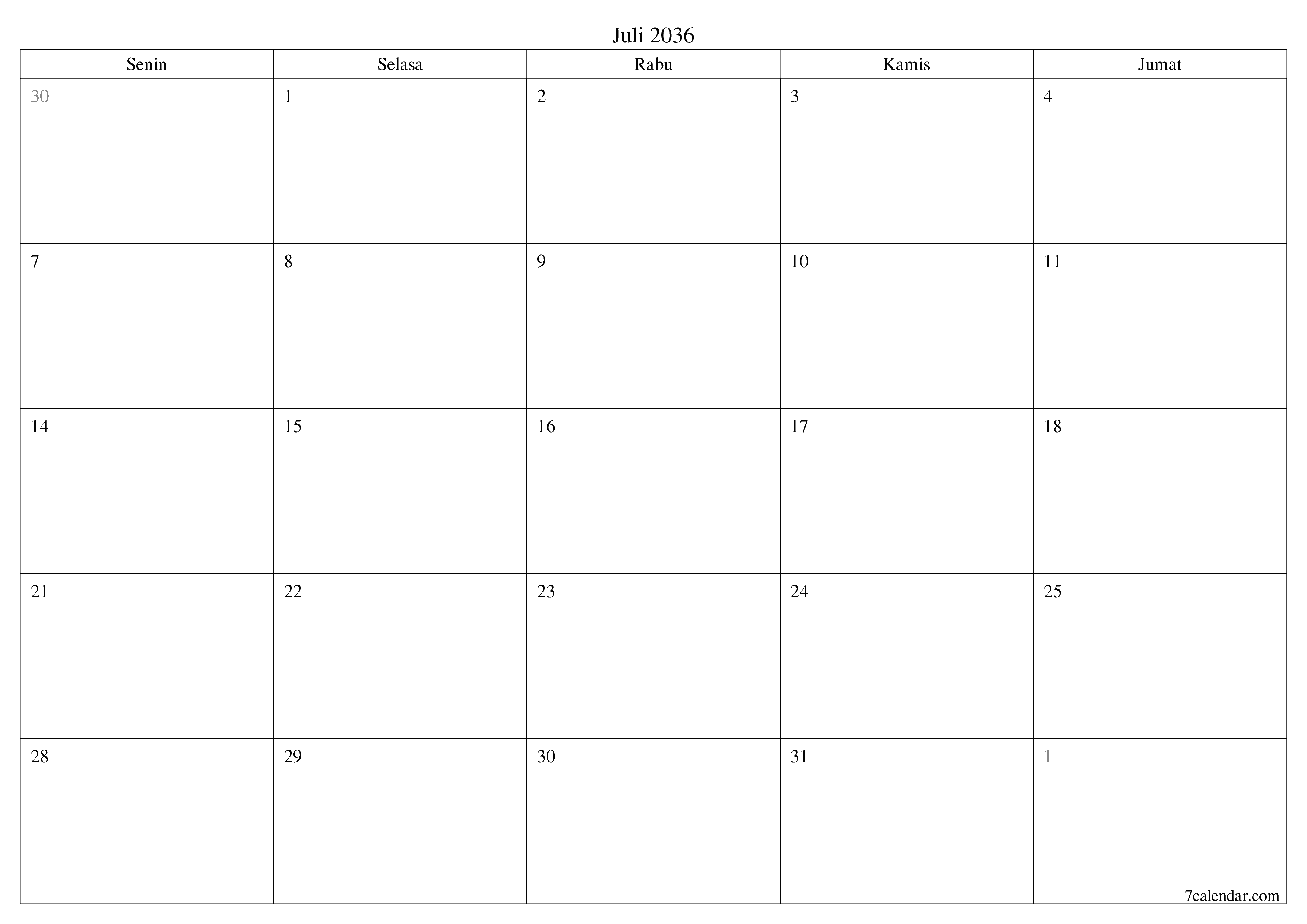 Kosongkan agenda bulanan untuk bulan Juli 2036 dengan catatan, simpan dan cetak ke PDF PNG Indonesian