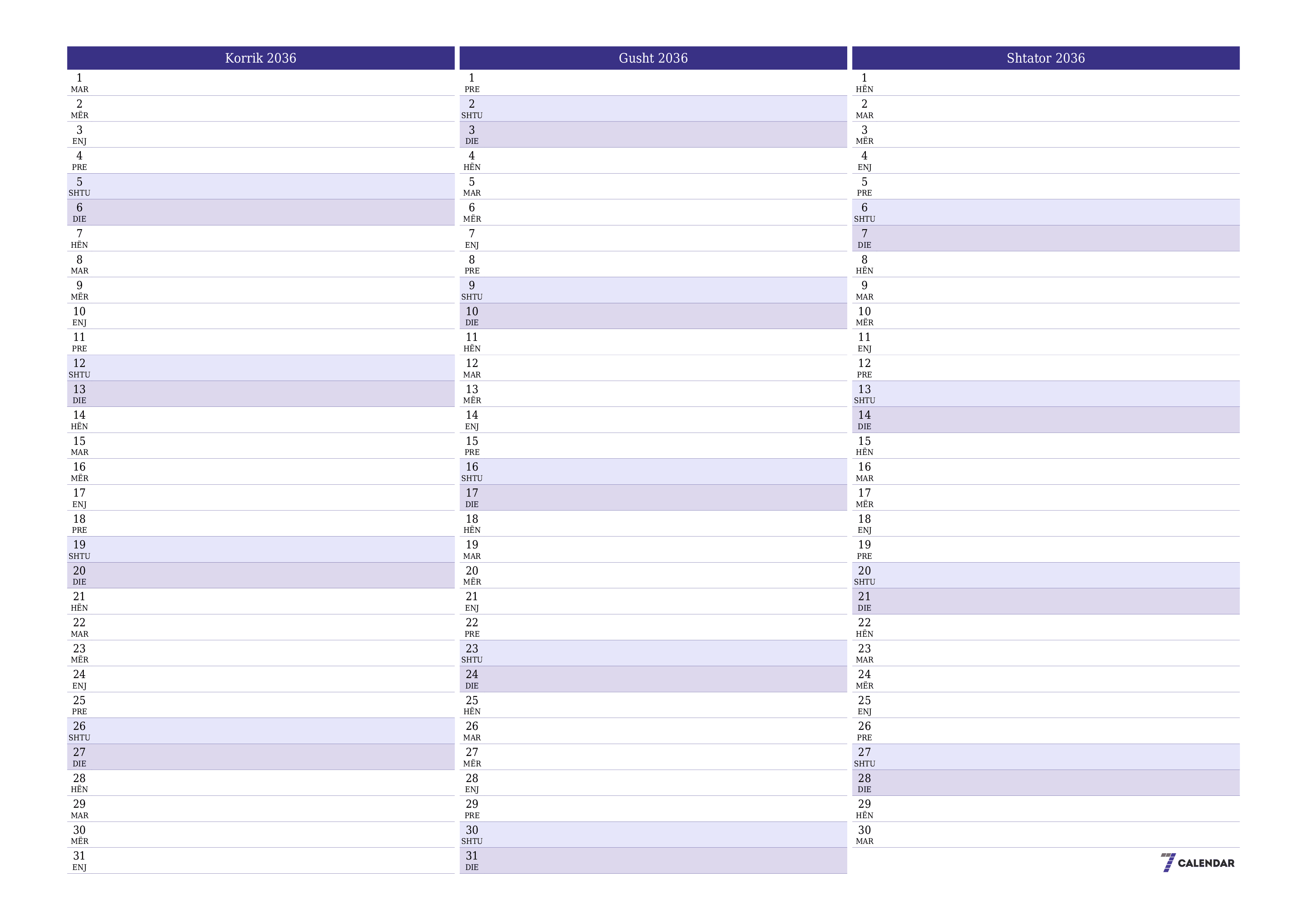 Planifikuesi i zbrazët i kalendarit mujor për muajin Korrik 2036 me shënime të ruajtura dhe të printuara në PDF PNG Albanian