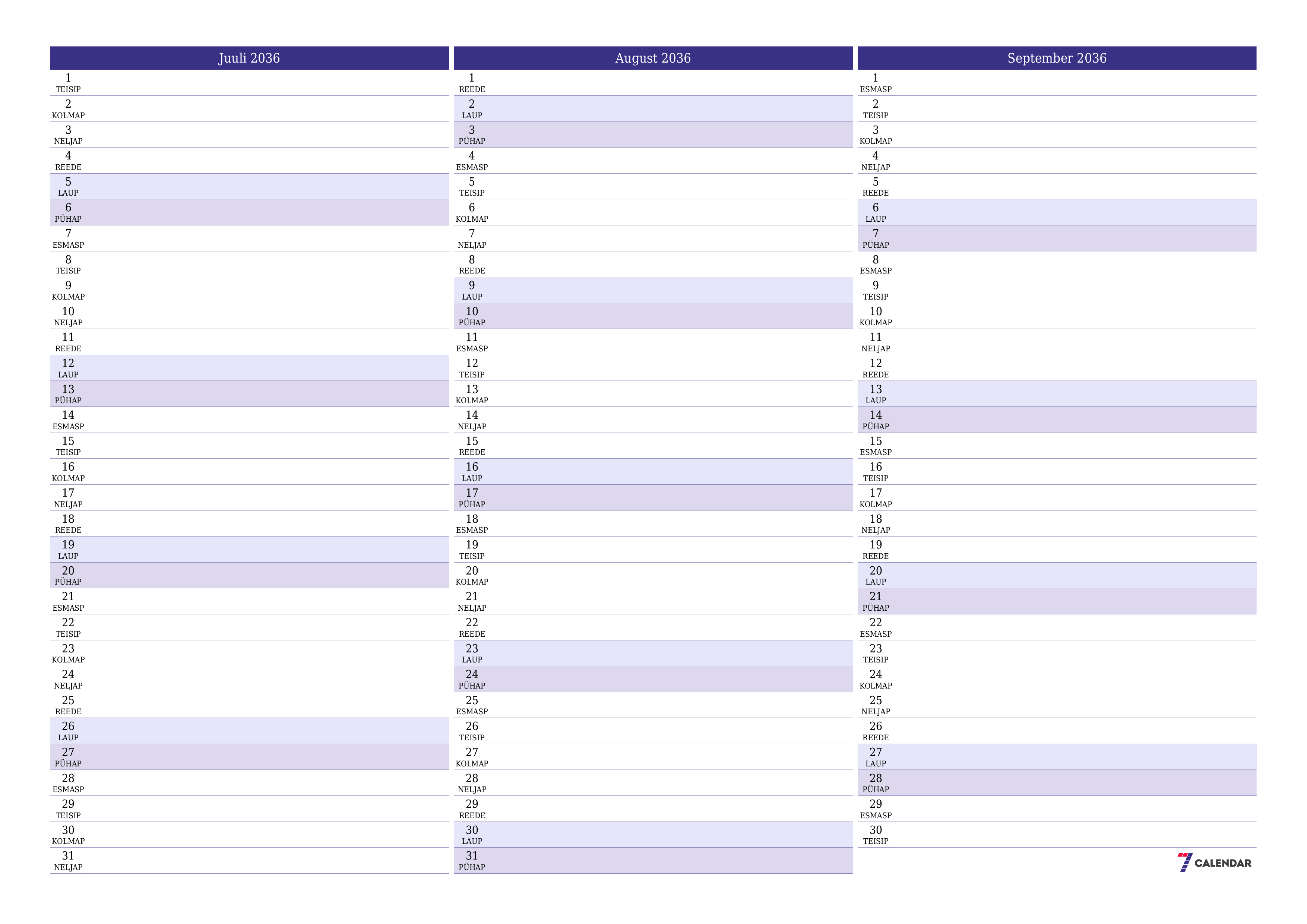 Tühjendage kuu Juuli 2036 kuuplaneerija märkmetega, salvestage ja printige PDF-i PNG Estonian