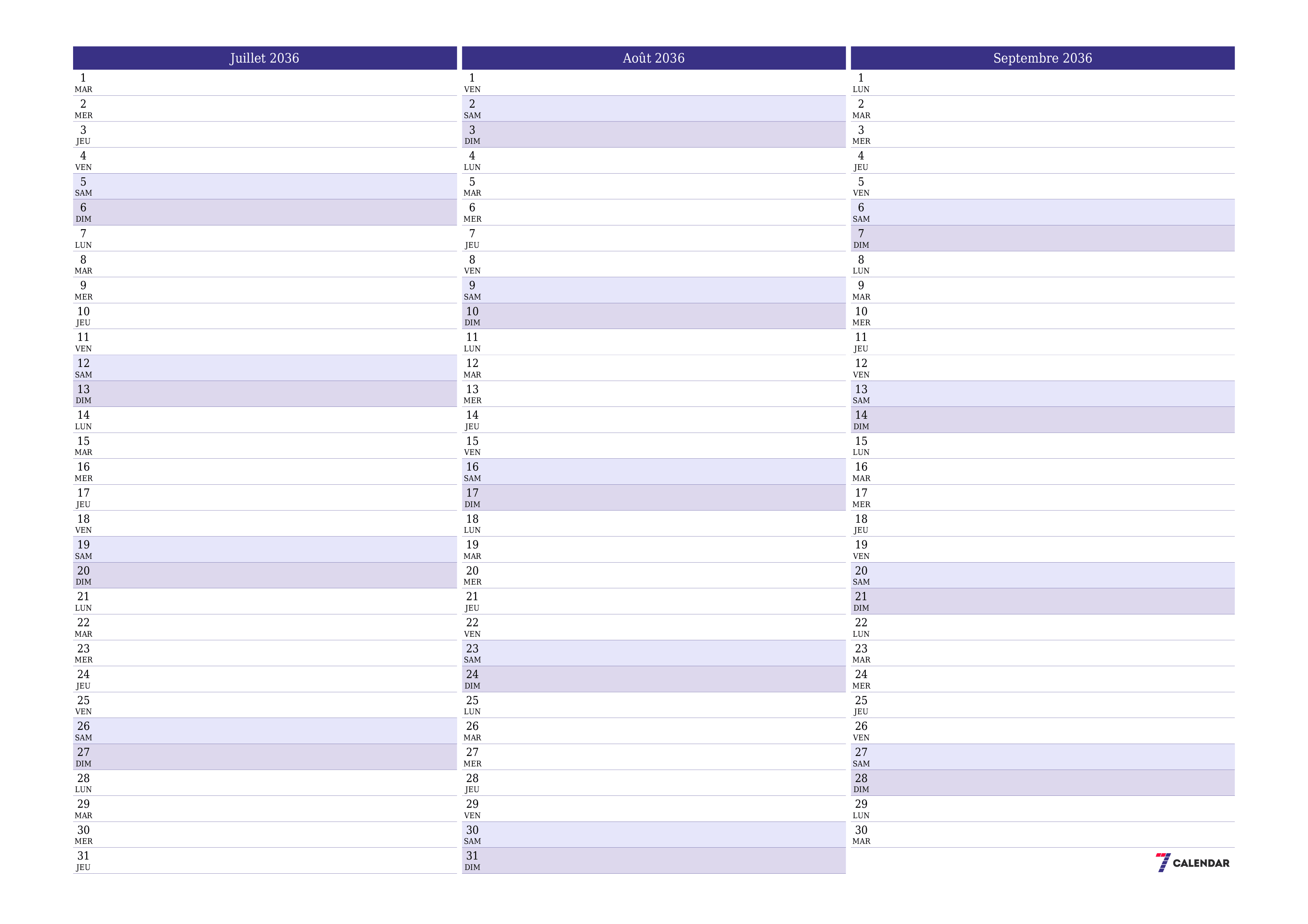 Agenda mensuel vide pour le mois Juillet 2036 avec notes, enregistrez et imprimez au format PDF PNG French