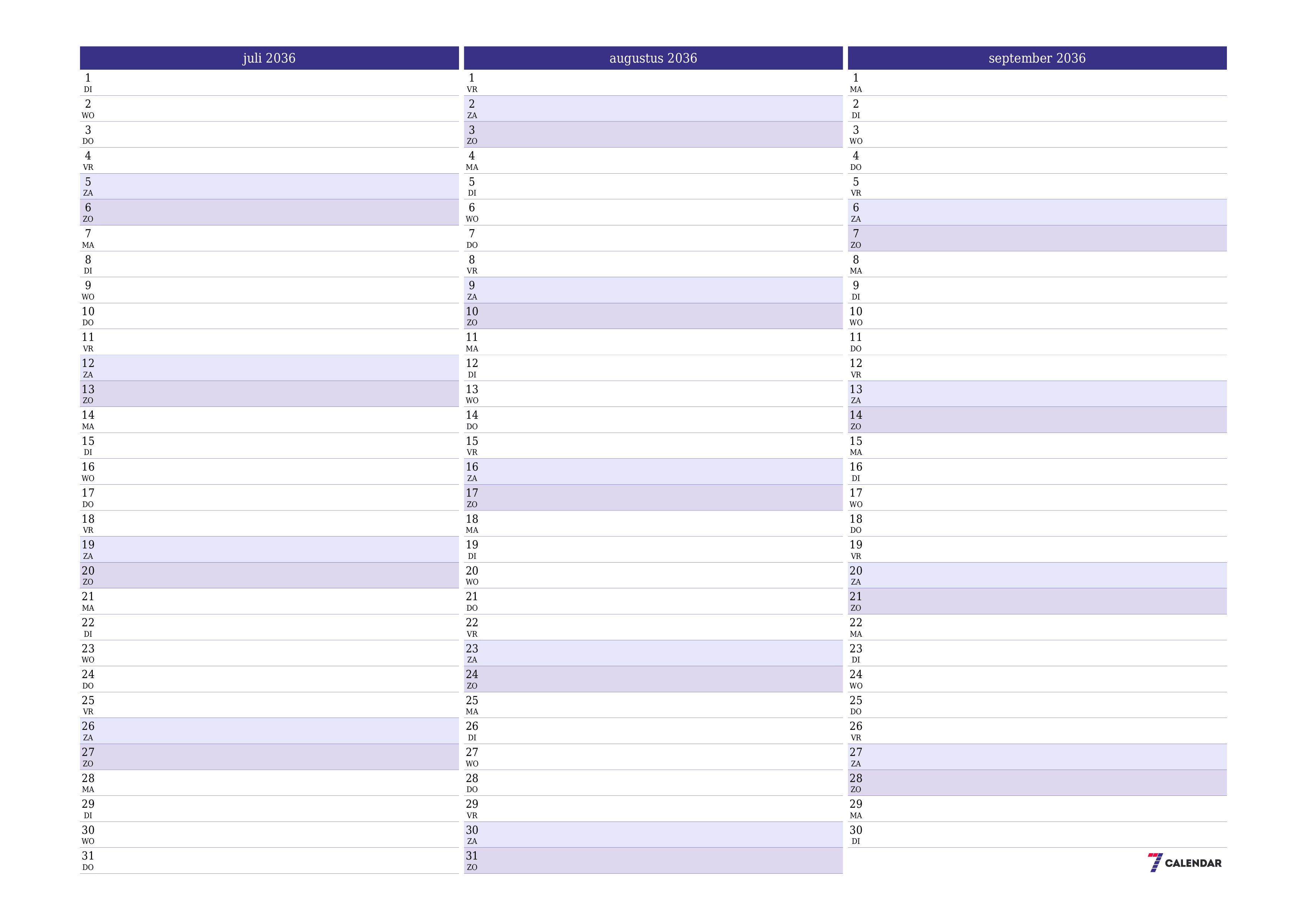 Lege maandplanner voor maand juli 2036 met notities, opslaan en afdrukken naar pdf PNG Dutch