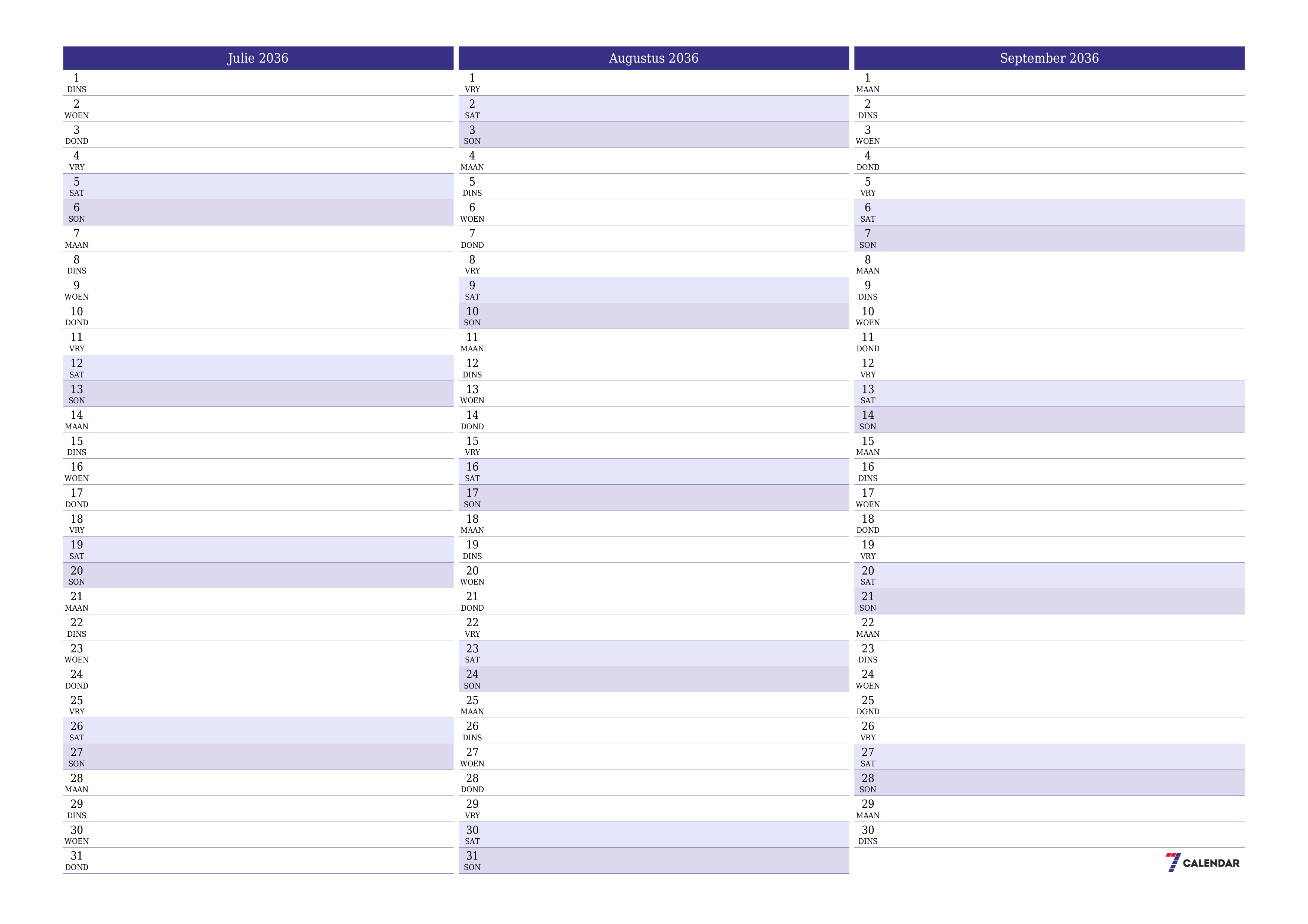 Leë maandelikse drukbare kalender en beplanner vir maand Julie 2036 met notas stoor en druk na PDF PNG Afrikaans