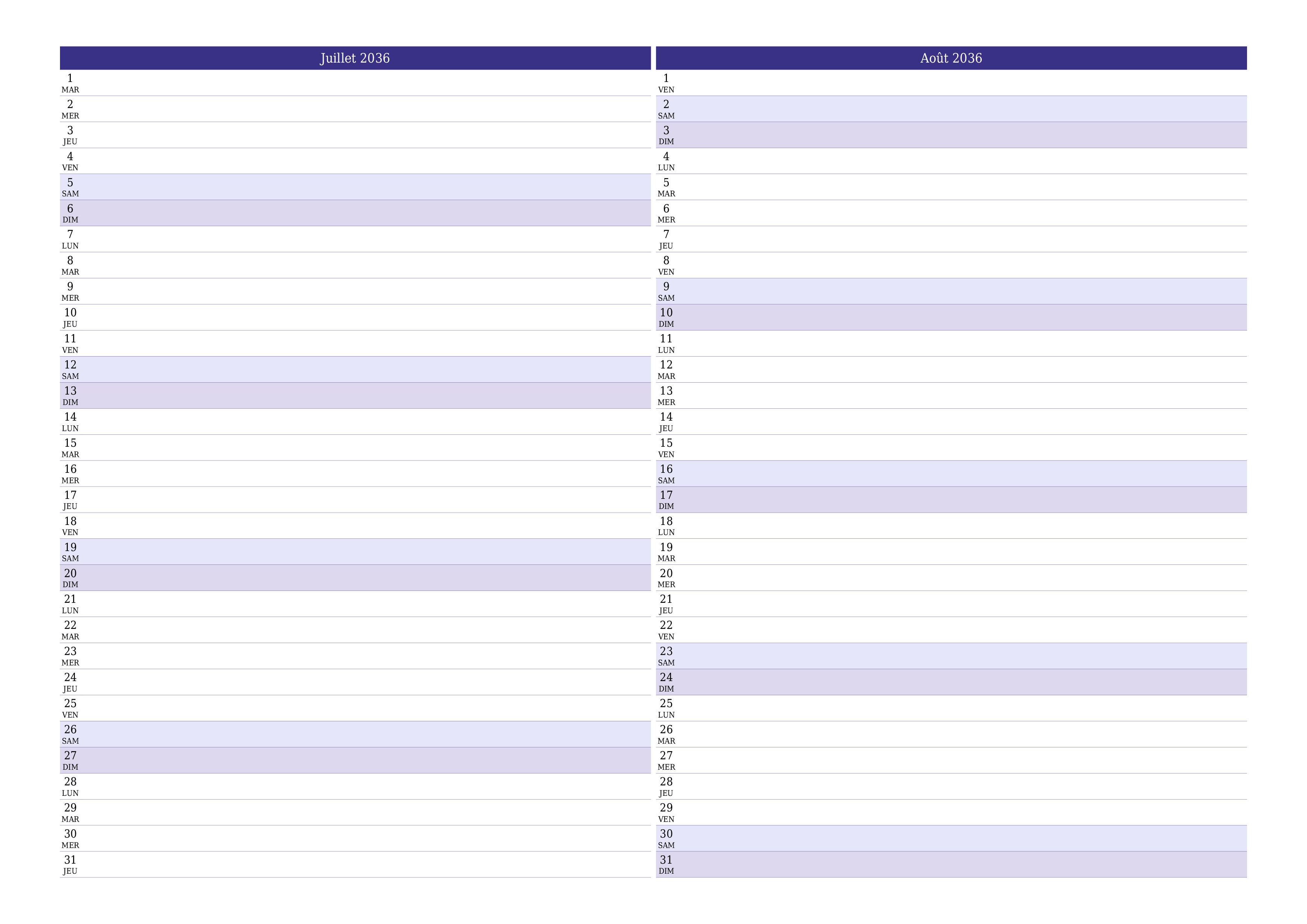 Agenda mensuel vide pour le mois Juillet 2036 avec notes, enregistrez et imprimez au format PDF PNG French