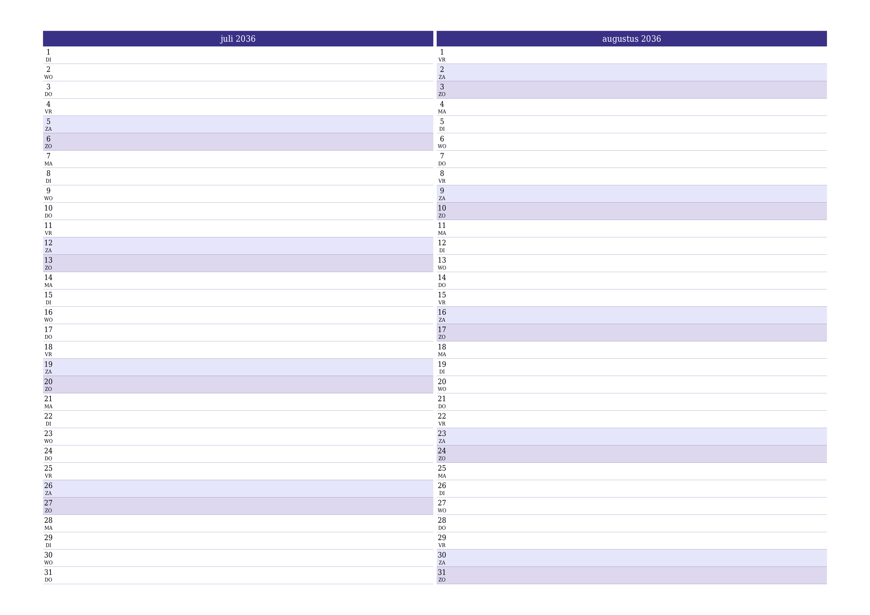 Lege maandplanner voor maand juli 2036 met notities, opslaan en afdrukken naar pdf PNG Dutch