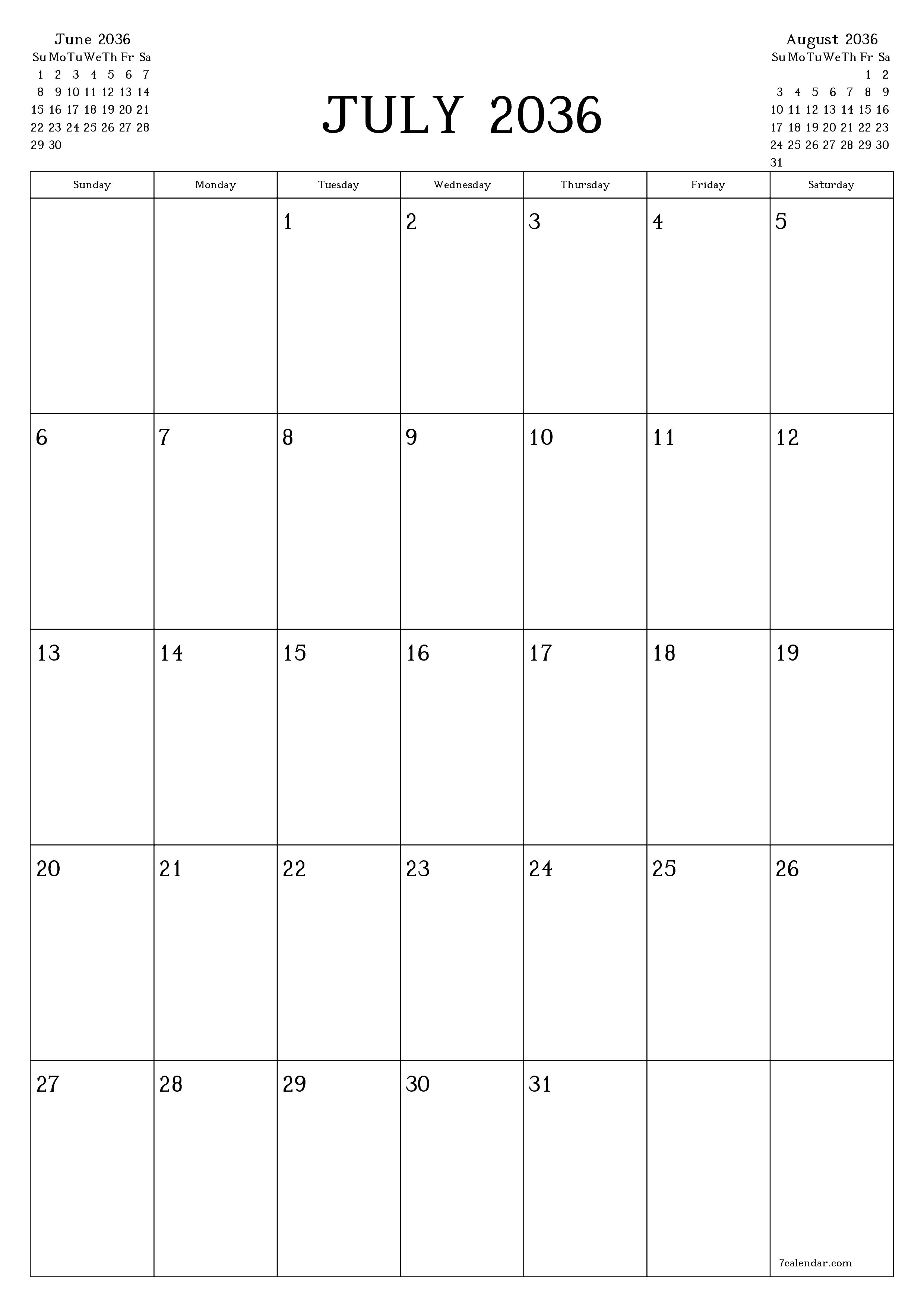 printable wall template free vertical Monthly planner calendar July (Jul) 2036