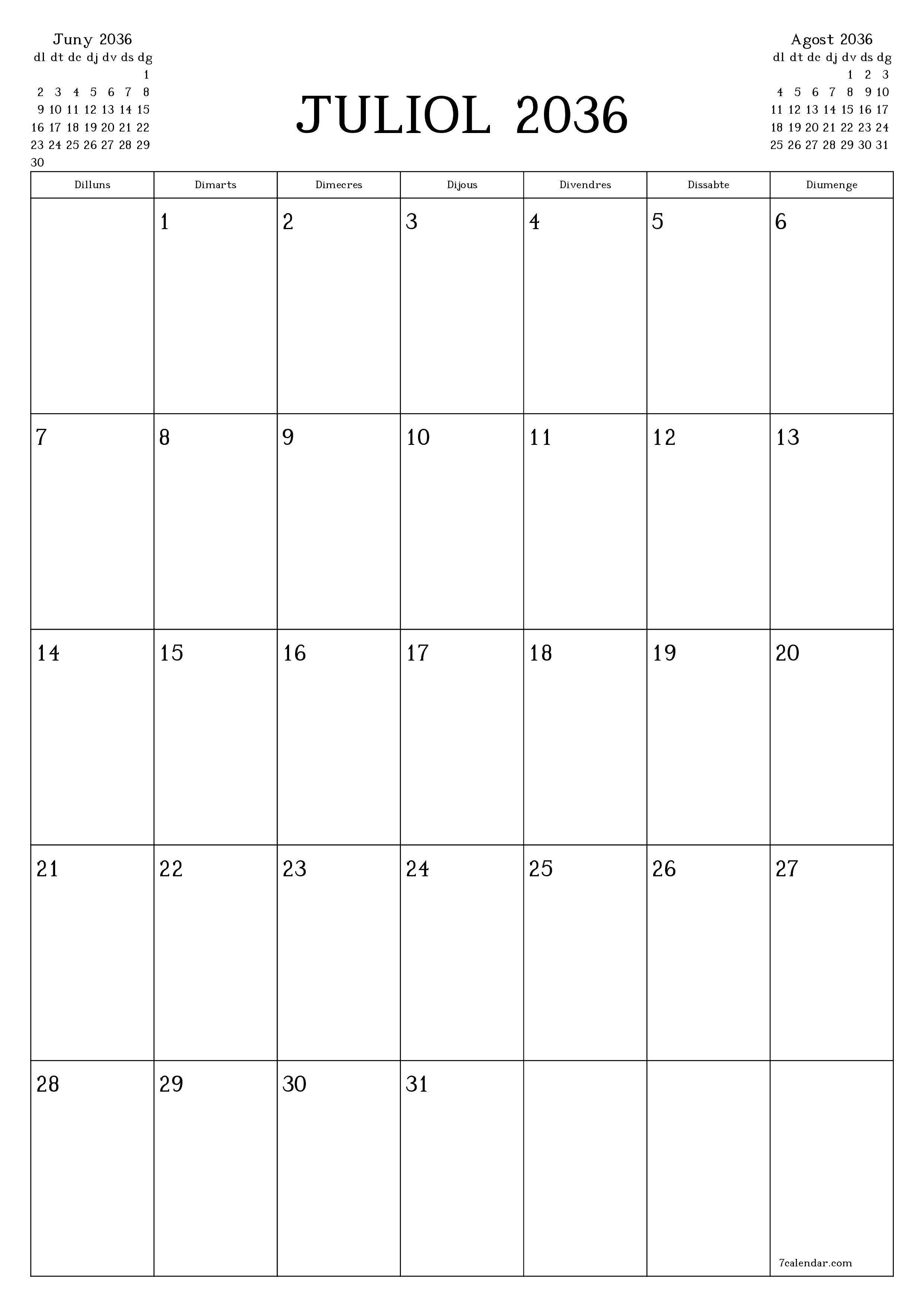  imprimible de paret plantilla de gratuïtvertical Mensual planificador calendari Juliol (Jul) 2036