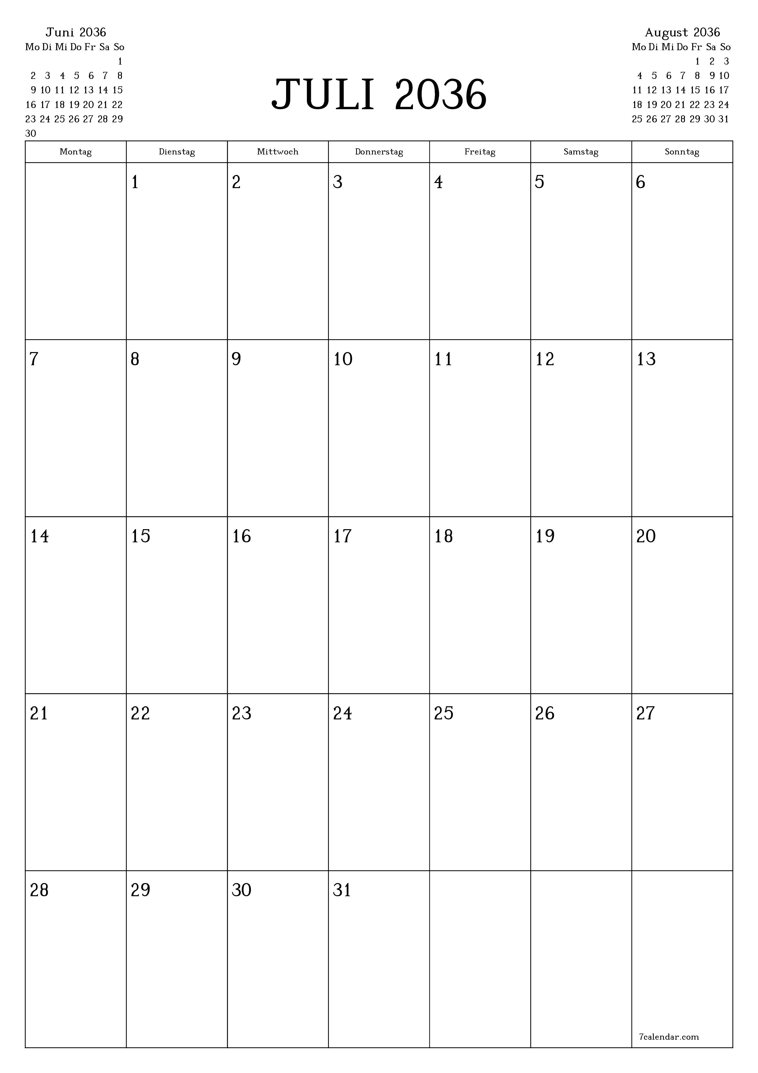  zum Ausdrucken Wandkalender vorlage kostenloser vertikal Monatlich Planer Kalender Juli (Jul) 2036
