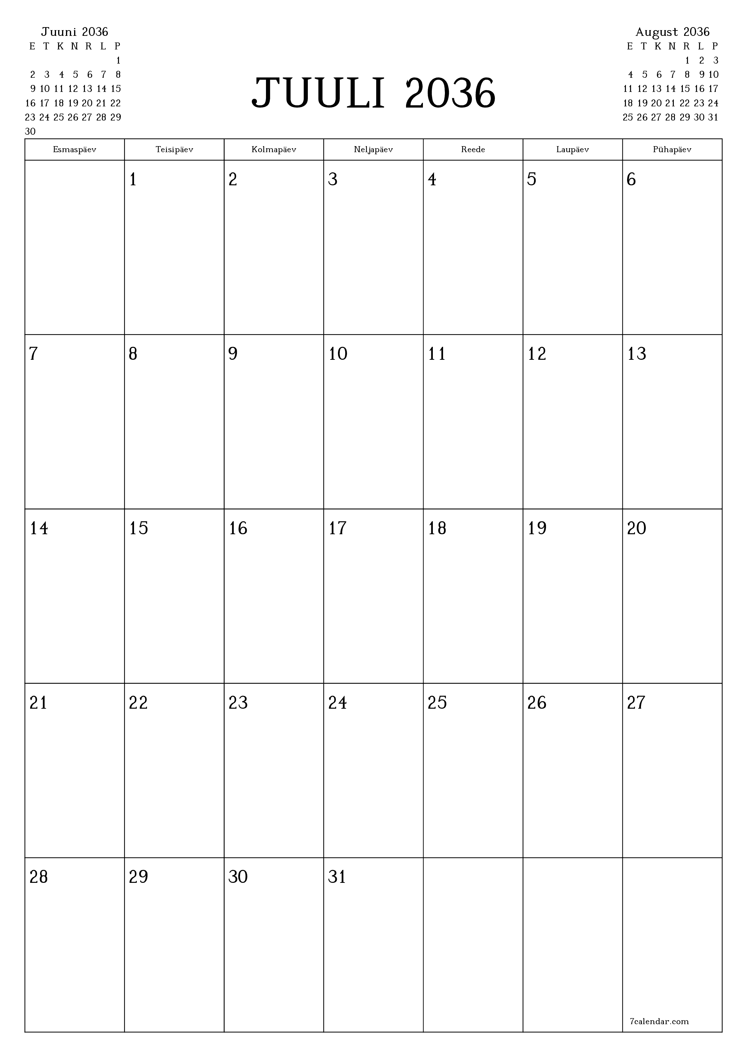 prinditav seina kalendri mall tasuta vertikaalne Igakuine planeerija kalender Juuli (Juuli) 2036