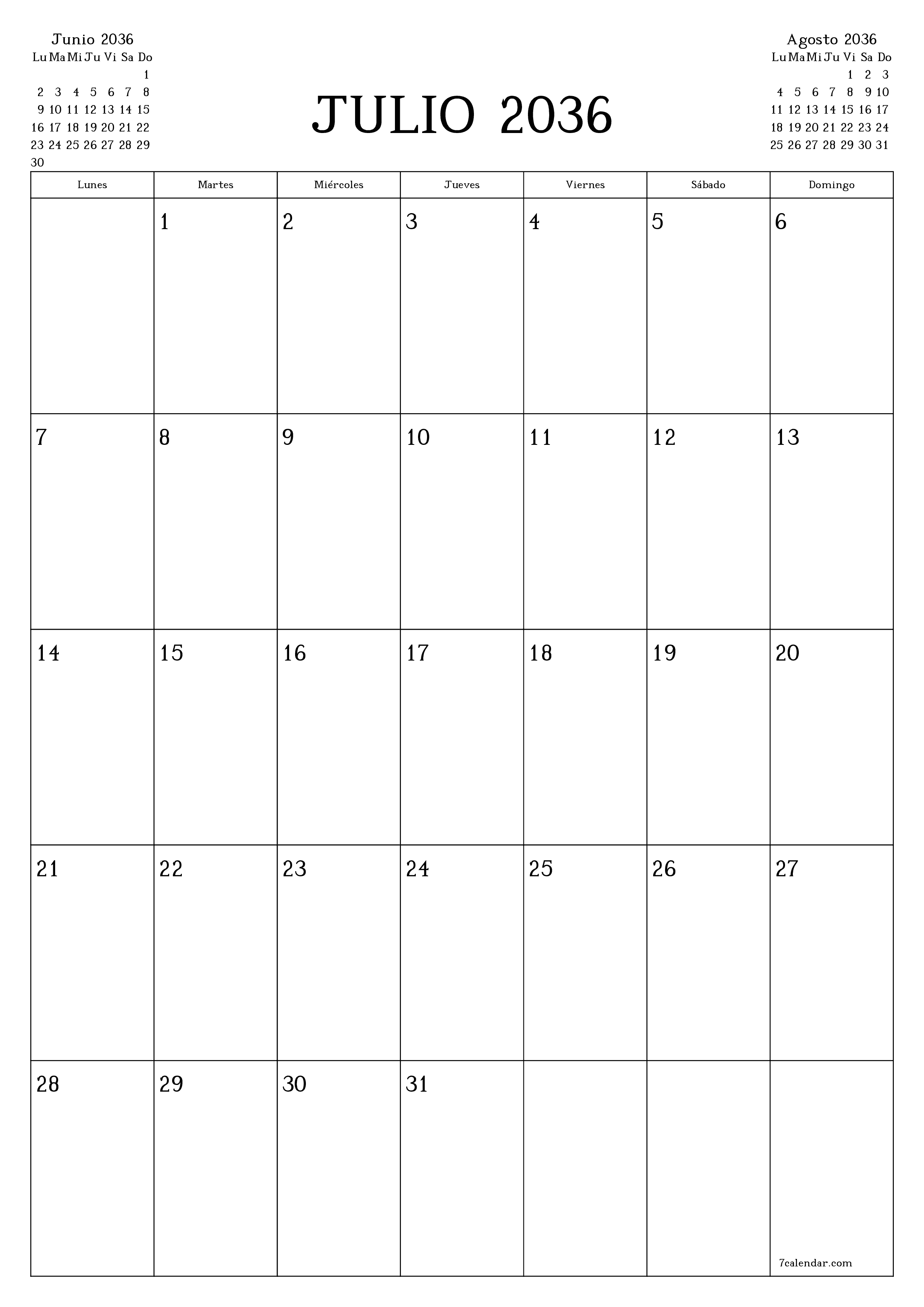  imprimible de pared plantilla de gratisvertical Mensual planificador calendario Julio (Jul) 2036