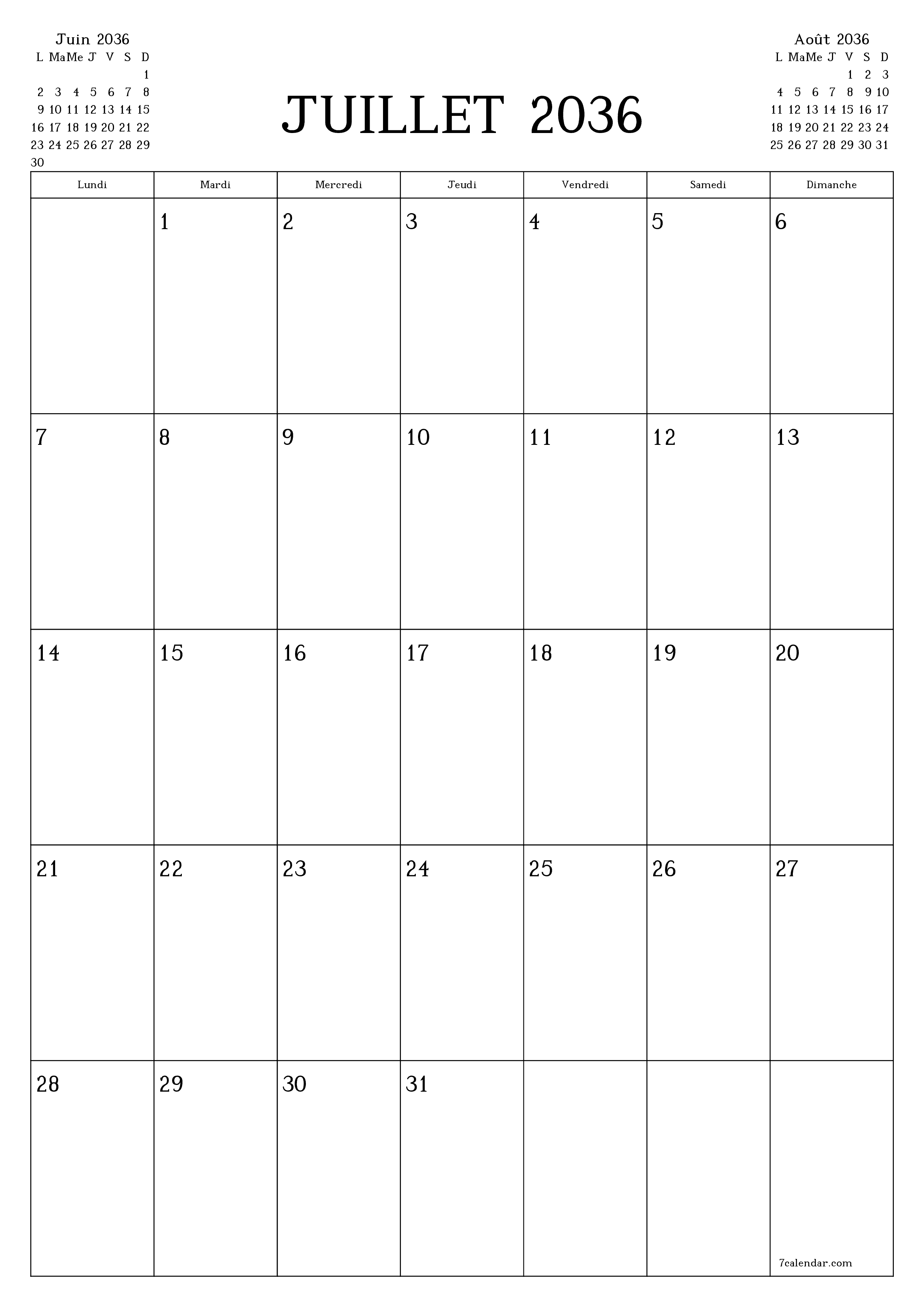  imprimable mural modèle de gratuitverticale Mensuel planificateur calendrier Juillet (Jul) 2036